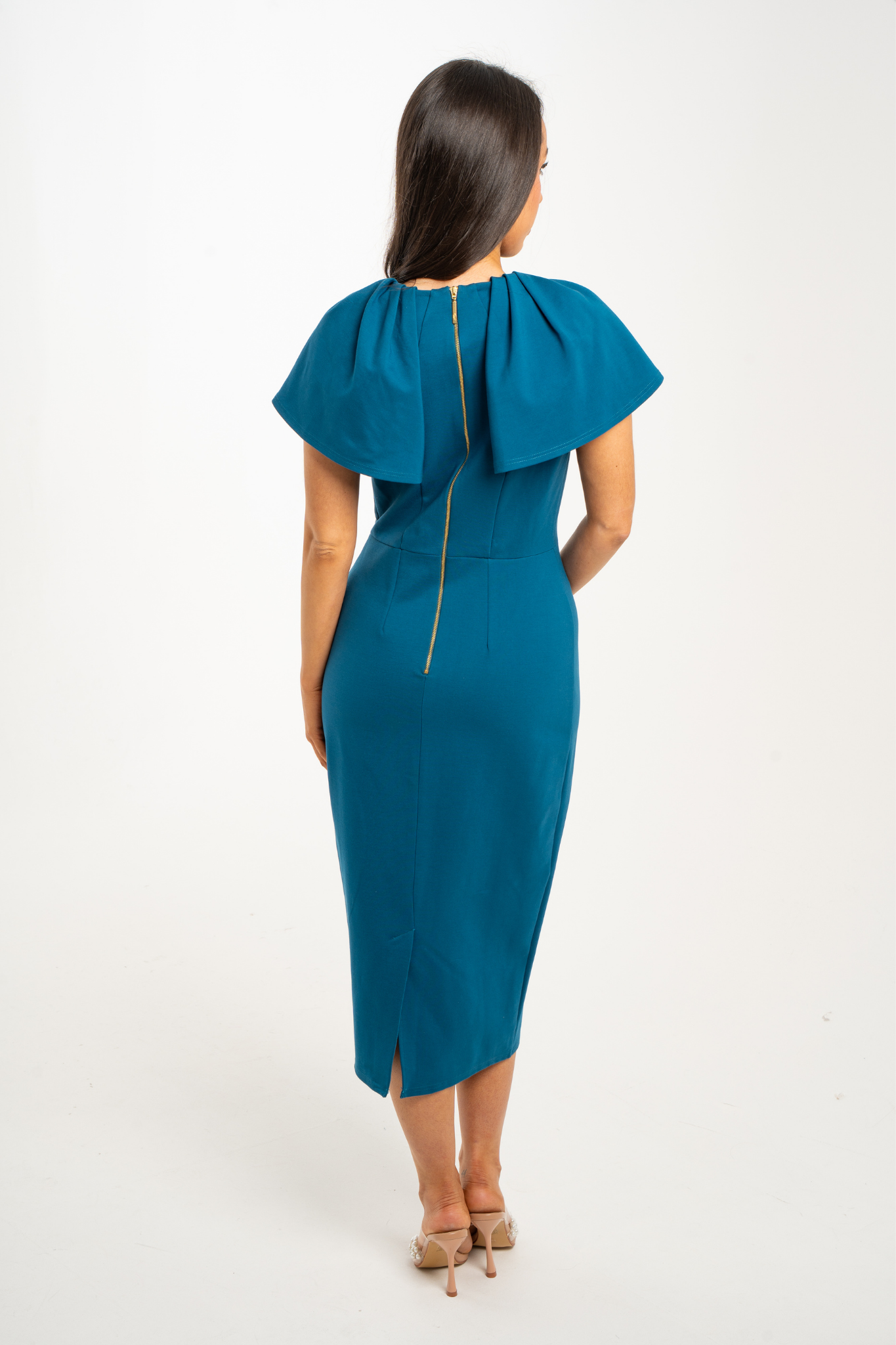 Celine Pleated Shoulder Dress In Teal