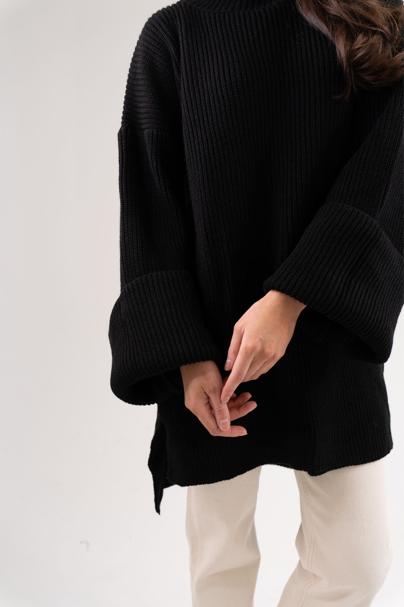 Ella Longline Polo Neck Jumper In Black