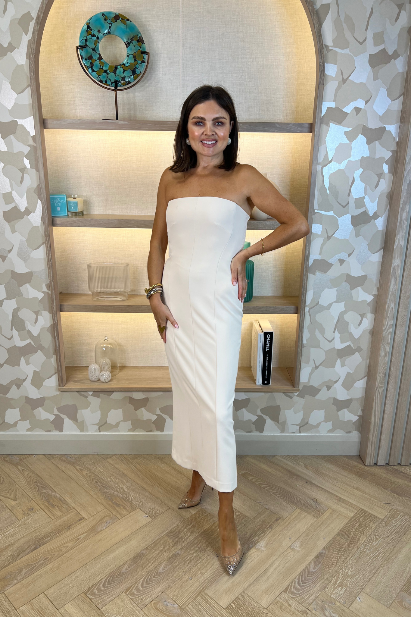 Pia Strapless Midi Dress In Cream
