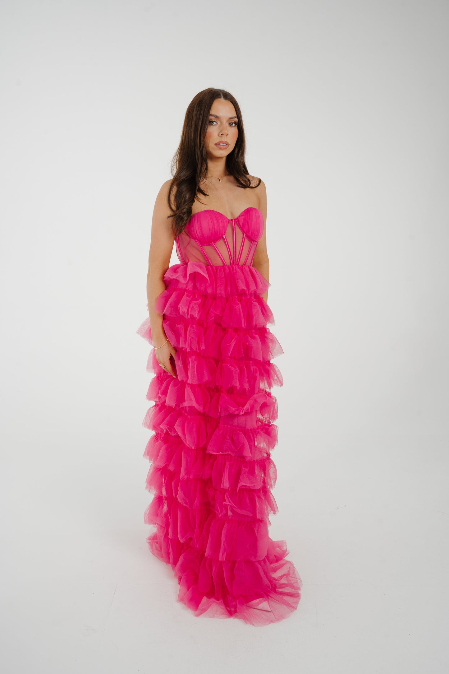 Holly Strapless Tulle Maxi Dress In Fuchsia