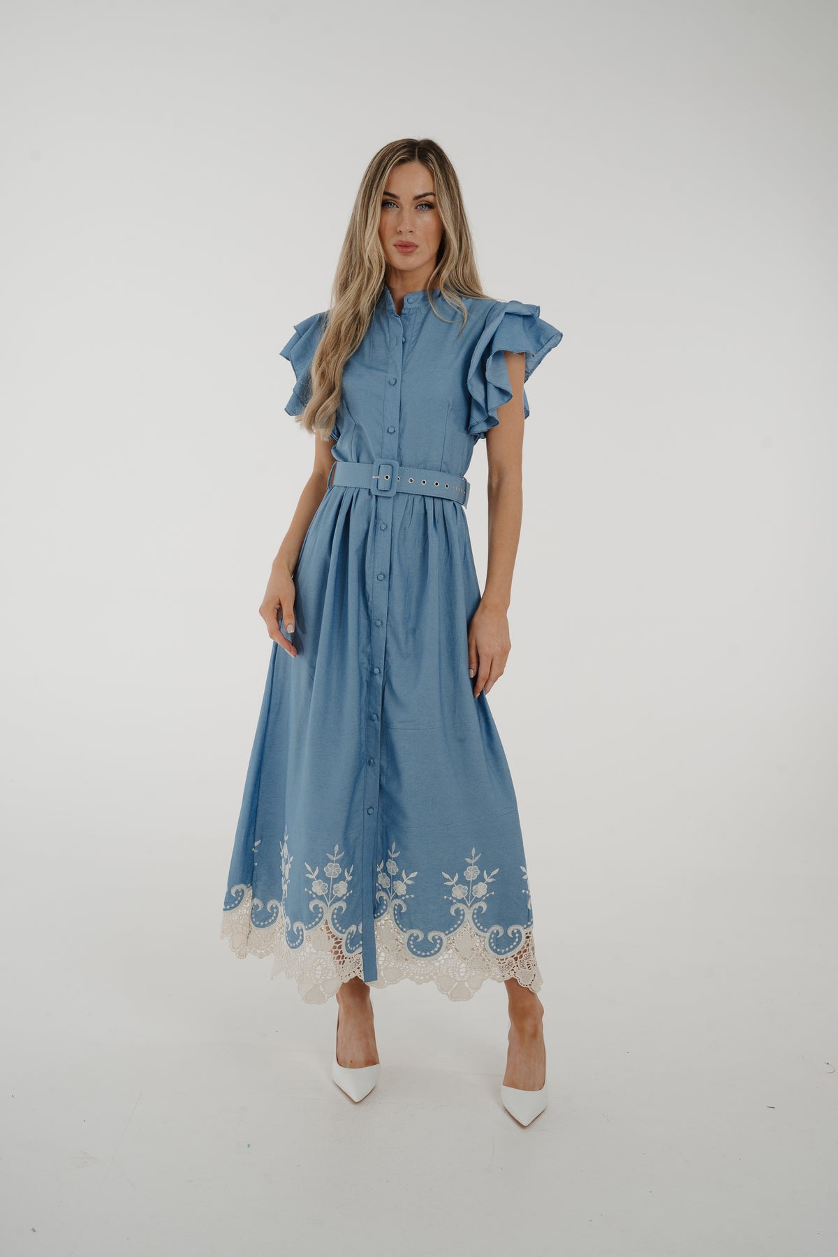 Indie Embroidery Trim Shirt Dress In Blue