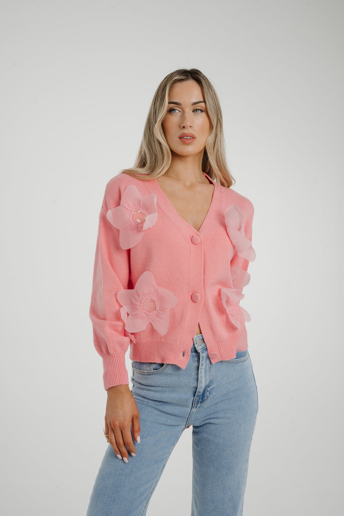 Polly Embellished Floral Cardigan In Coral