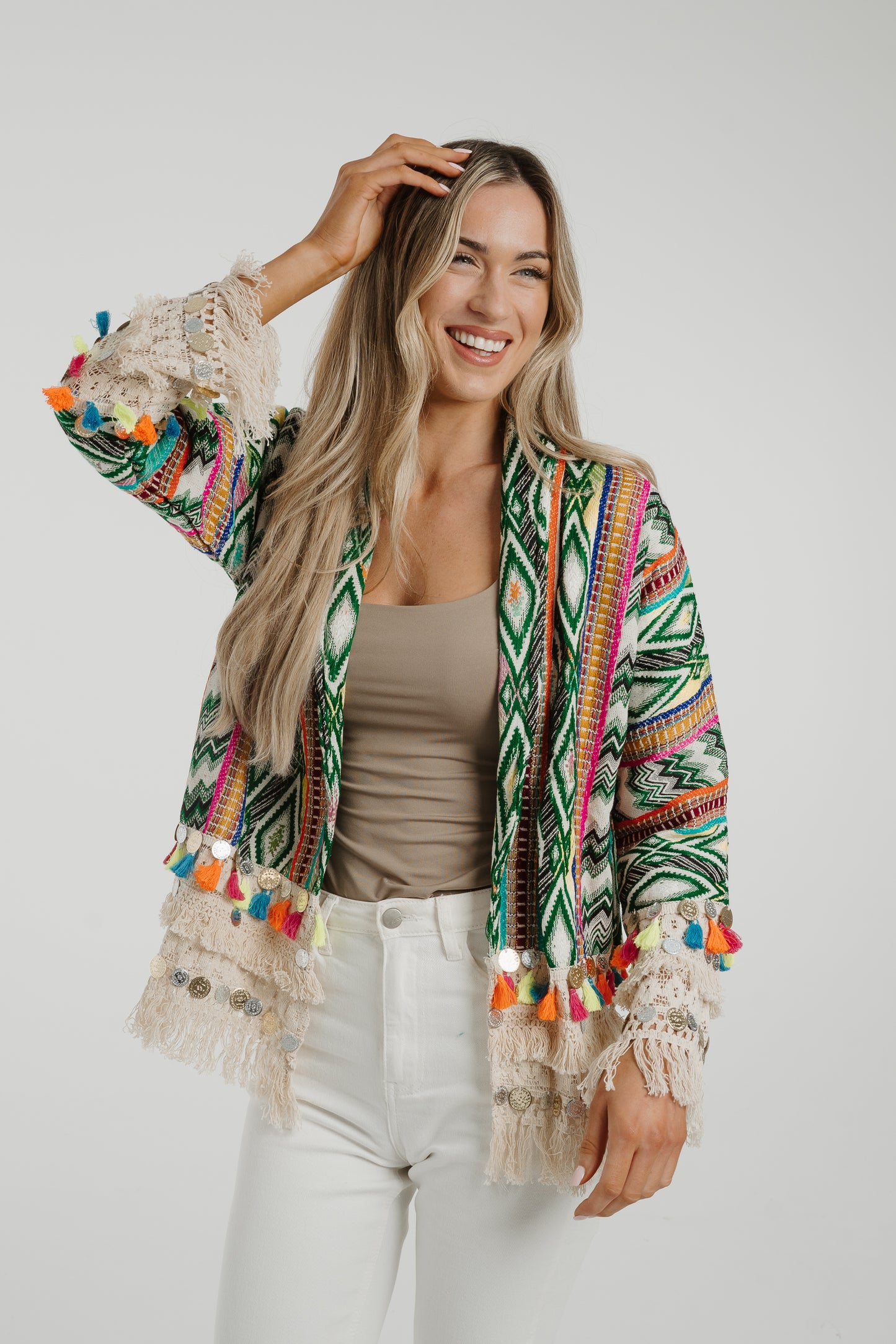 Polly Fringed Cardigan In Green Mix