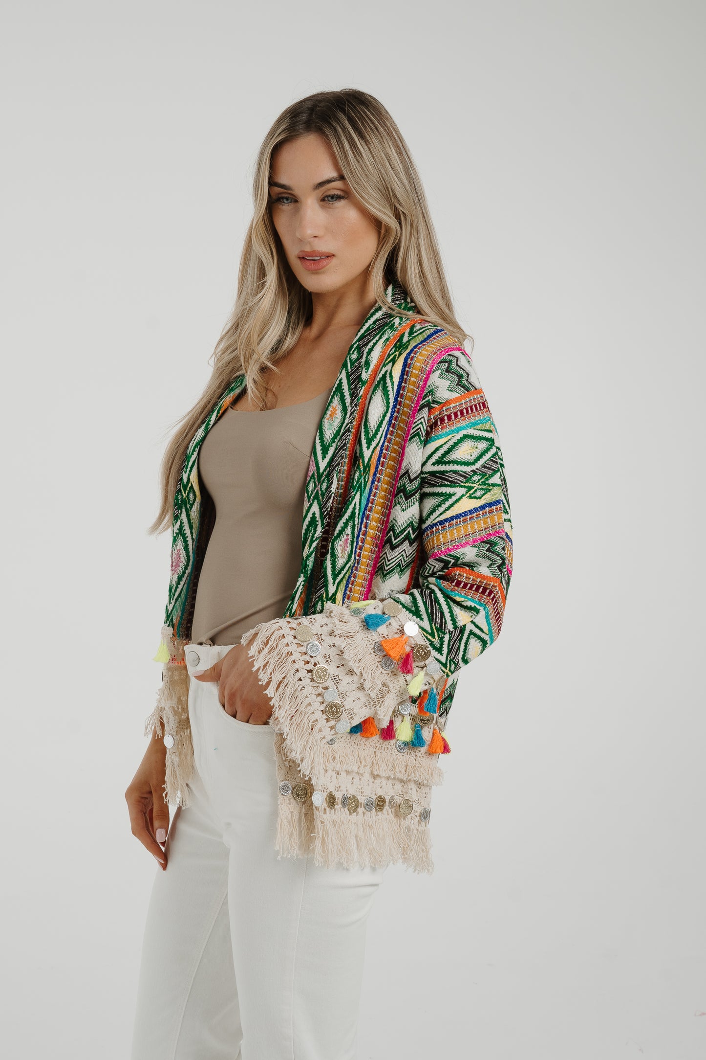Polly Fringed Cardigan In Green Mix