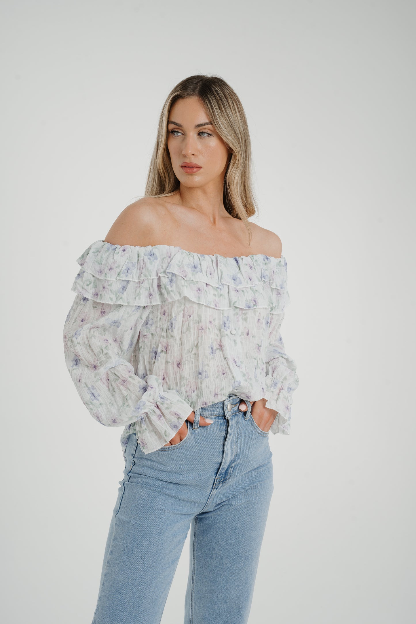 Elsa Bardot Floral Top In Lilac Mix