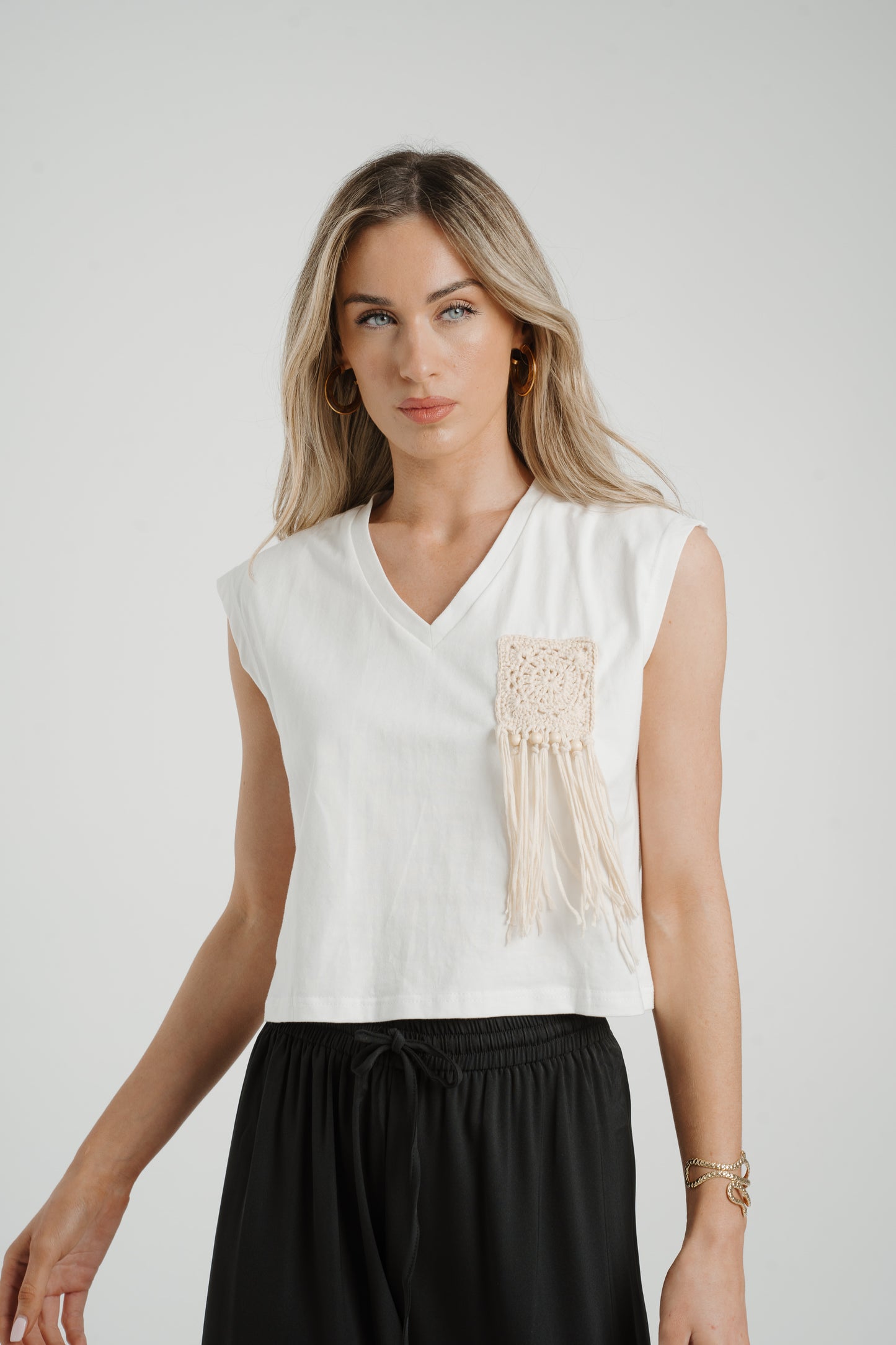 Indie Crochet Fringe Detail T-Shirt In White