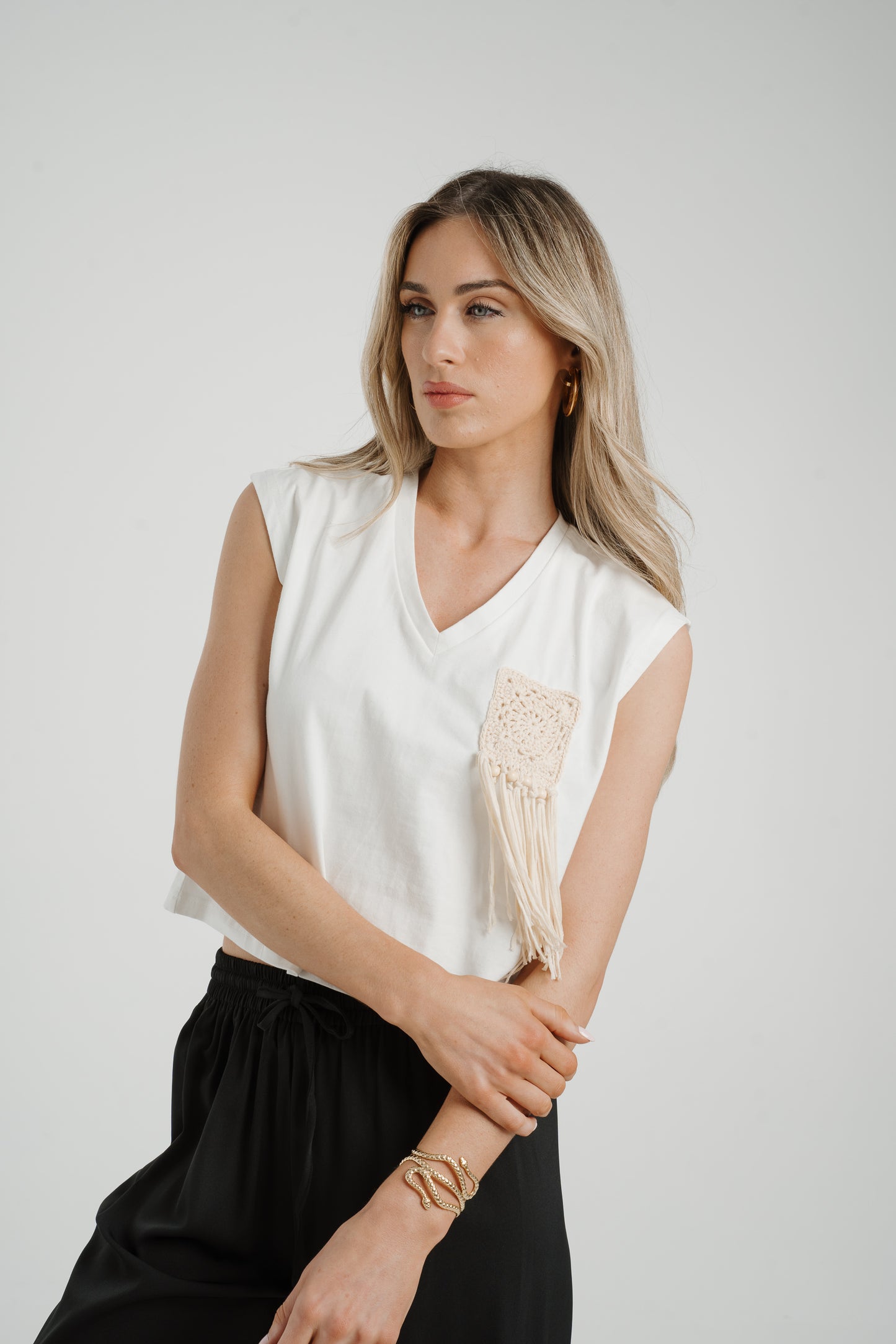 Indie Crochet Fringe Detail T-Shirt In White