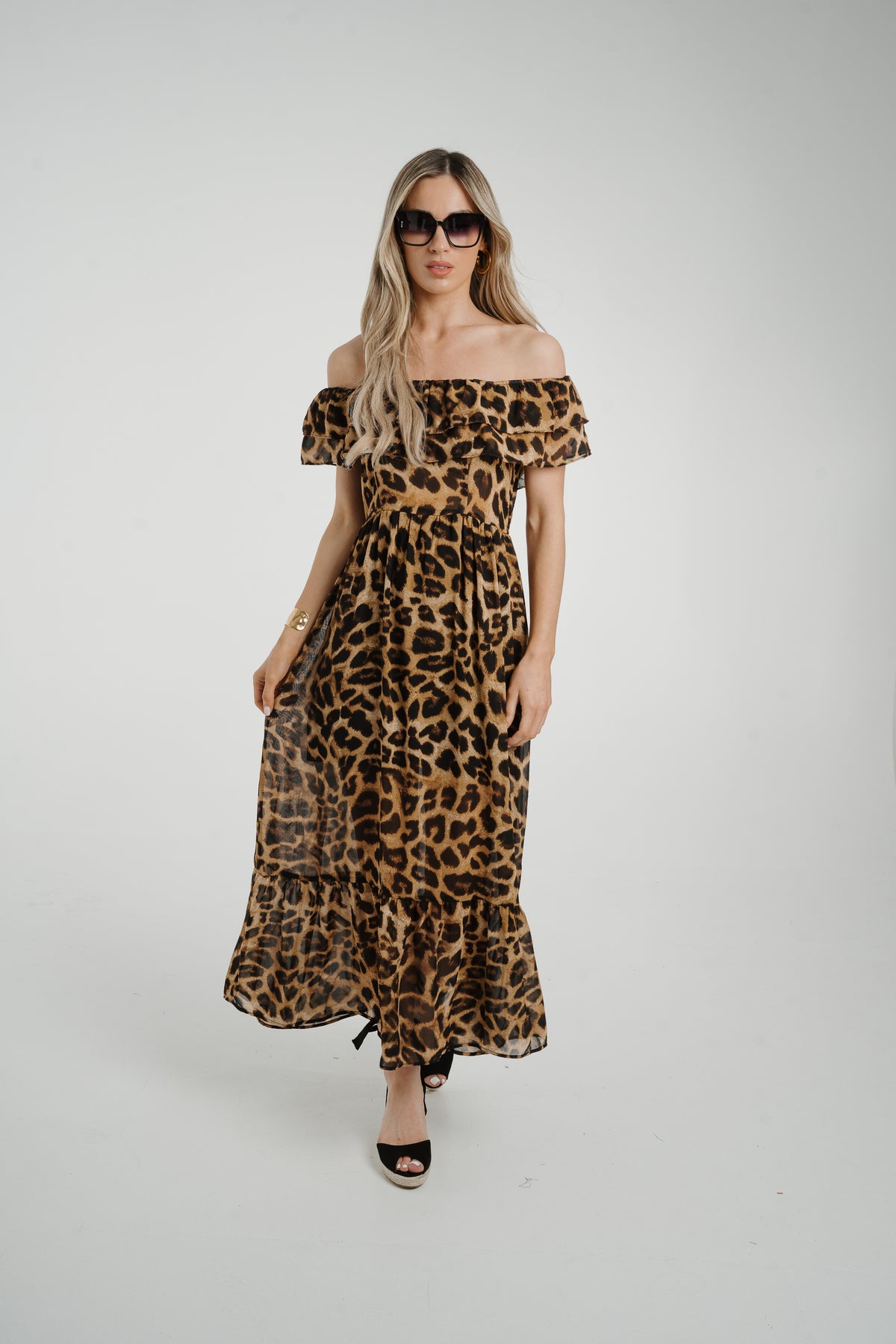 Ally Frill Detail Midi Dress In Leopard Print