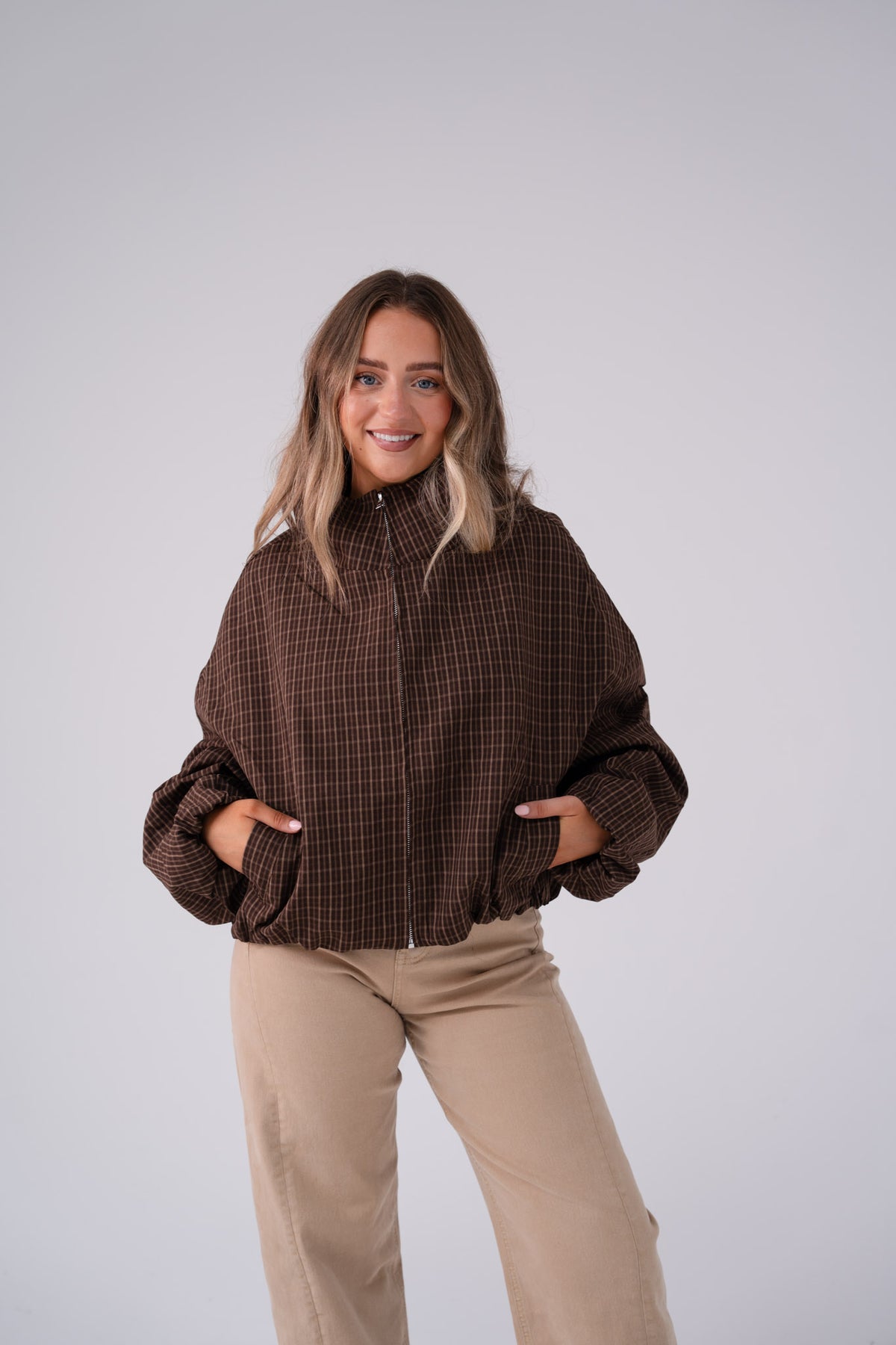 Kate Check Bomber Jacket In Chocolate