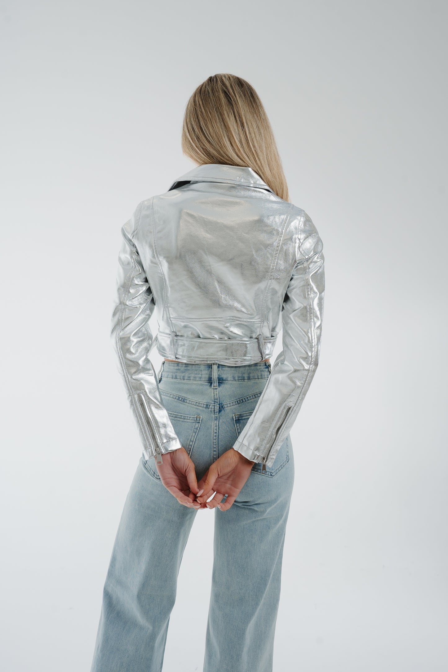 Flynn Metallic Biker Jacket In Silver