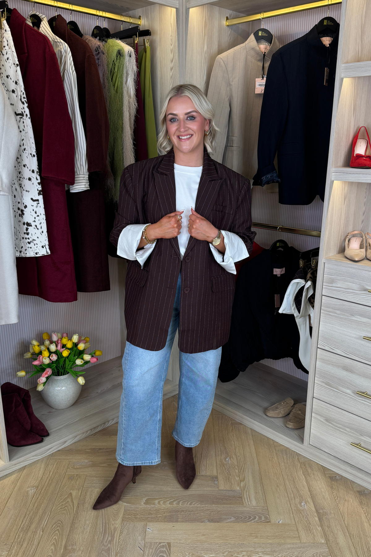 Elsa Pinstripe Blazer In Chocolate