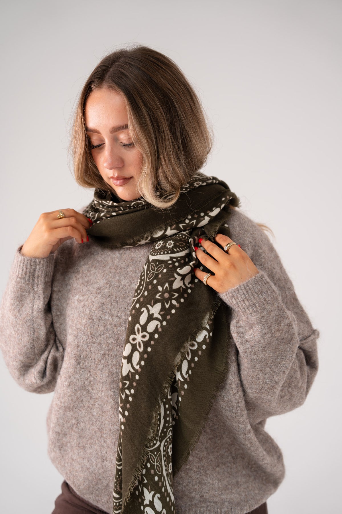 Kendra Printed Scarf In Khaki