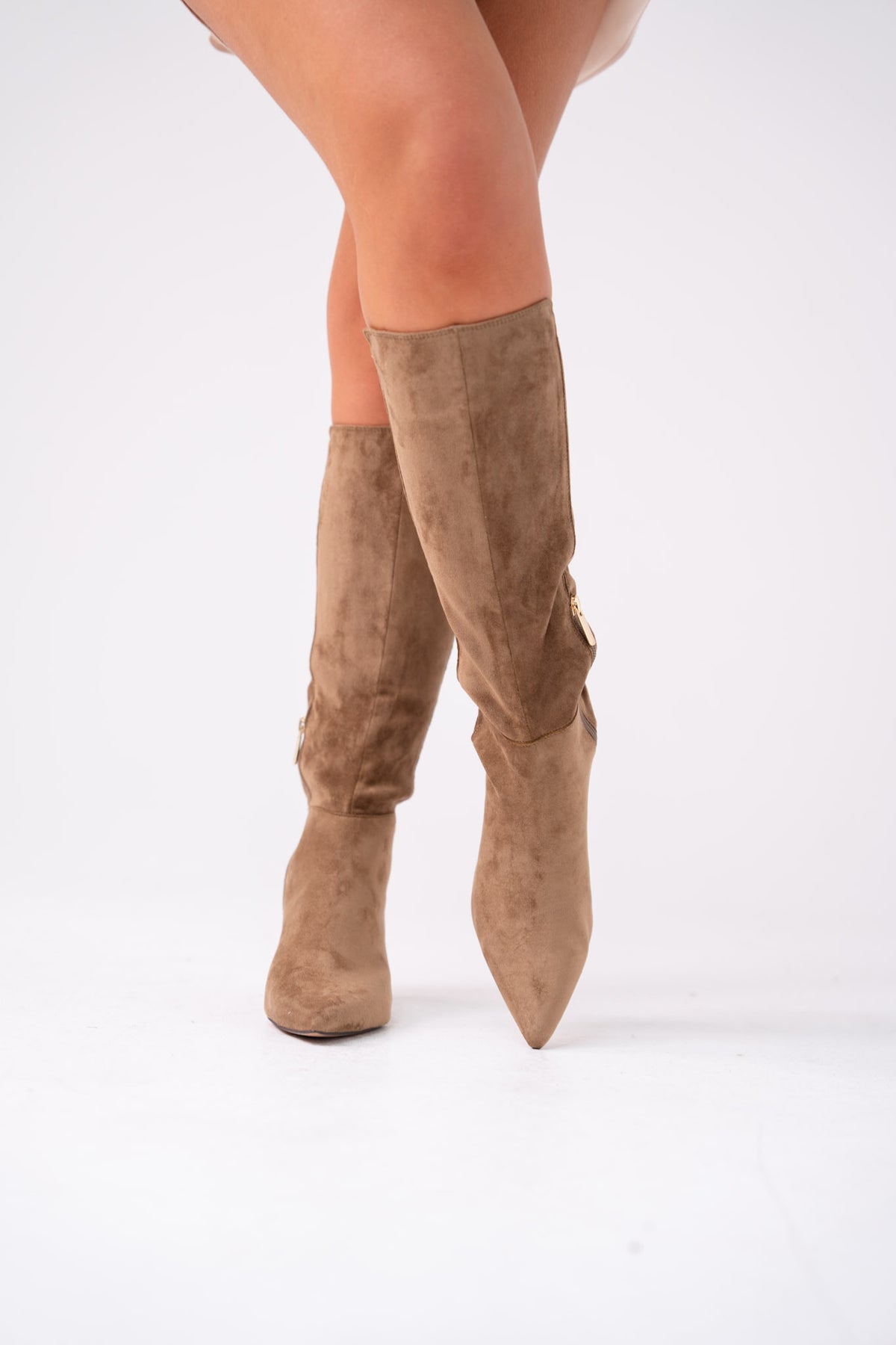 Love Laura Suede Knee Boot In Taupe