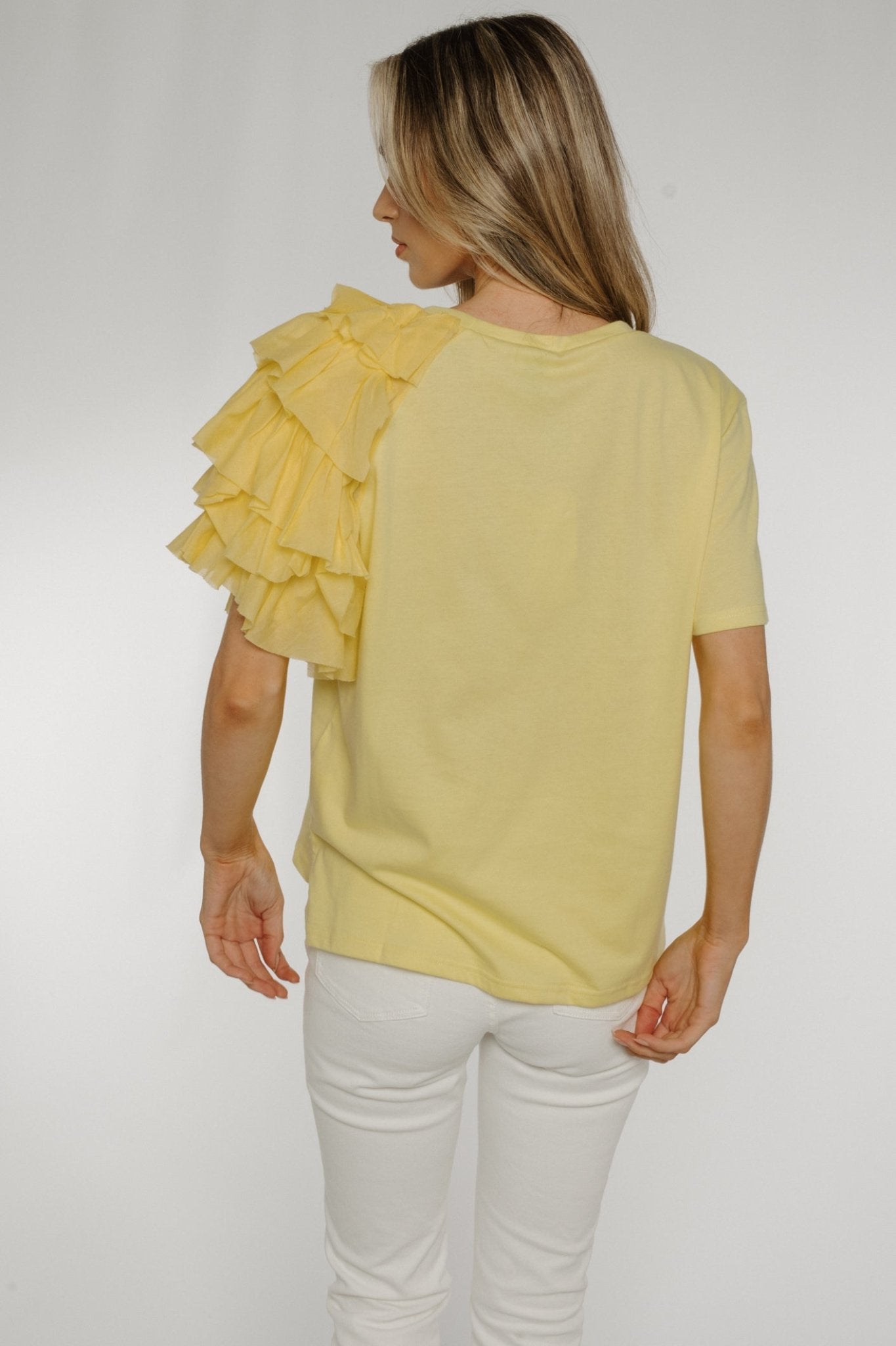 Becca Frill Shoulder T-shirt In Yellow - The Walk in Wardrobe