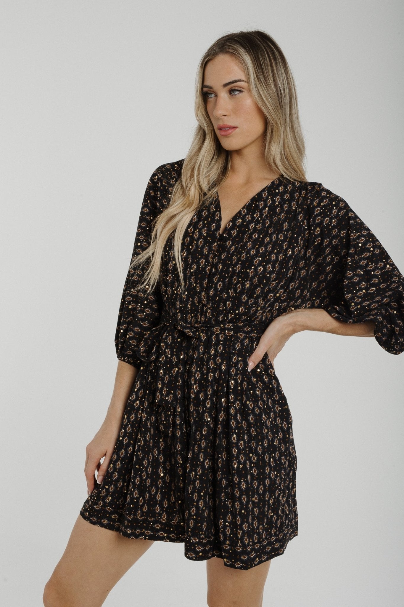 Becca Gold Print Belted Dress In Black - The Walk in Wardrobe
