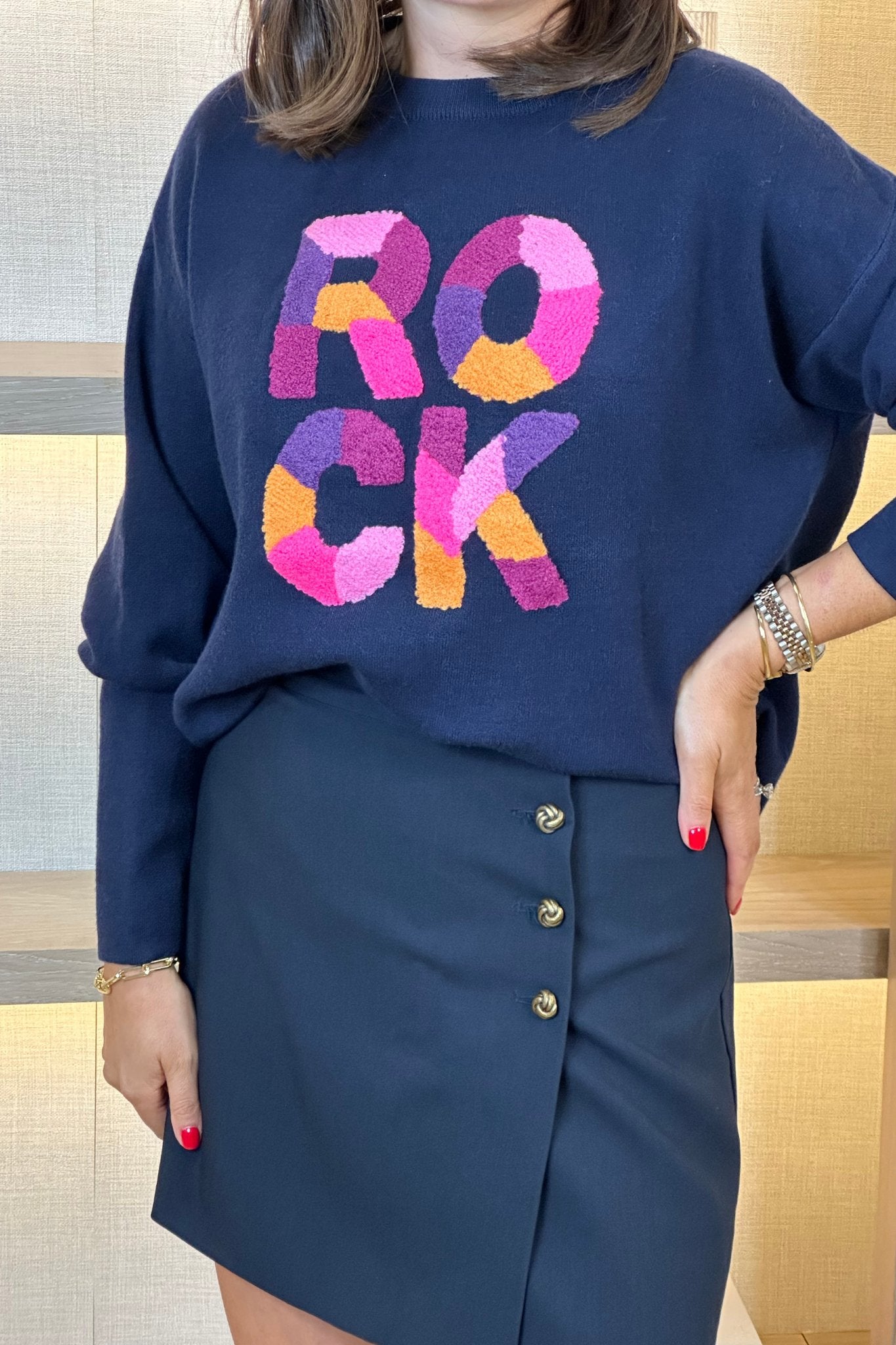 Cindy Gold Button Skirt In Navy - The Walk in Wardrobe