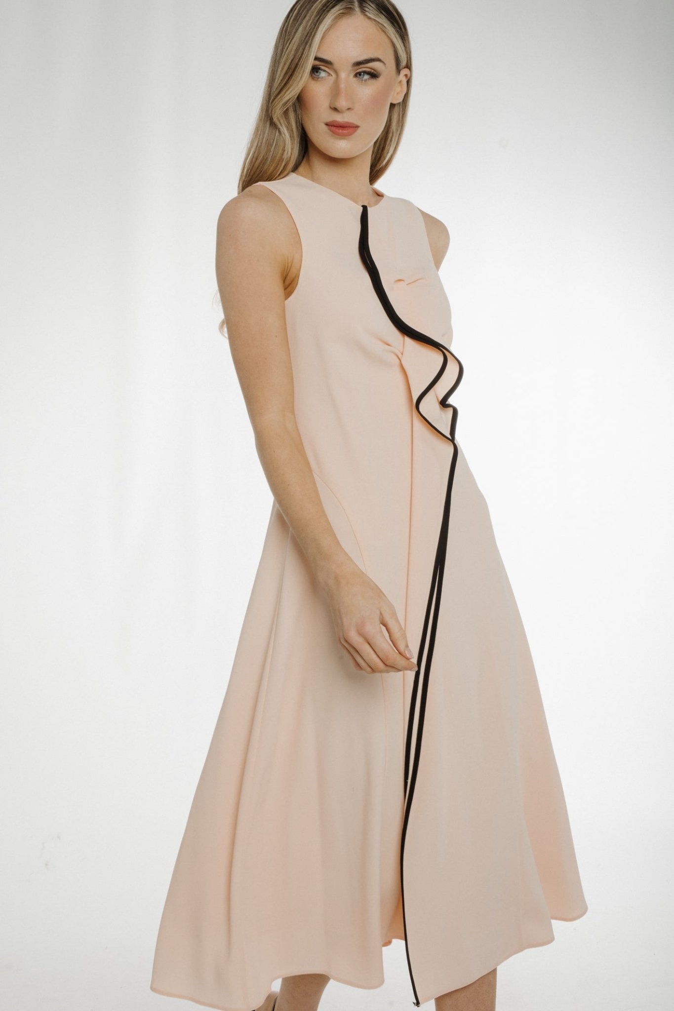 Eva Ruffle Front Dress In Peach - The Walk in Wardrobe