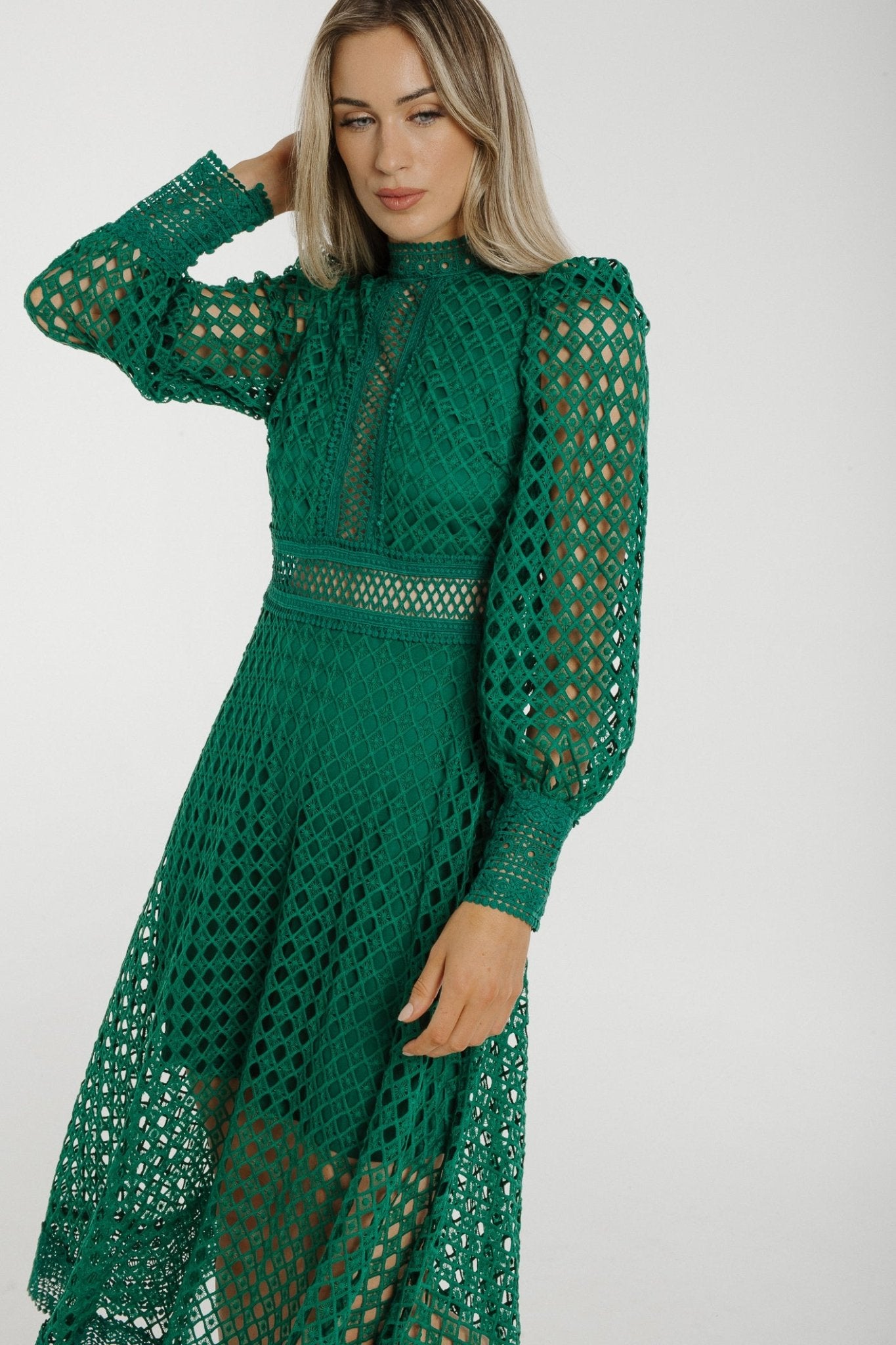 Holly High Neck Embroidered Dress In Green - The Walk in Wardrobe