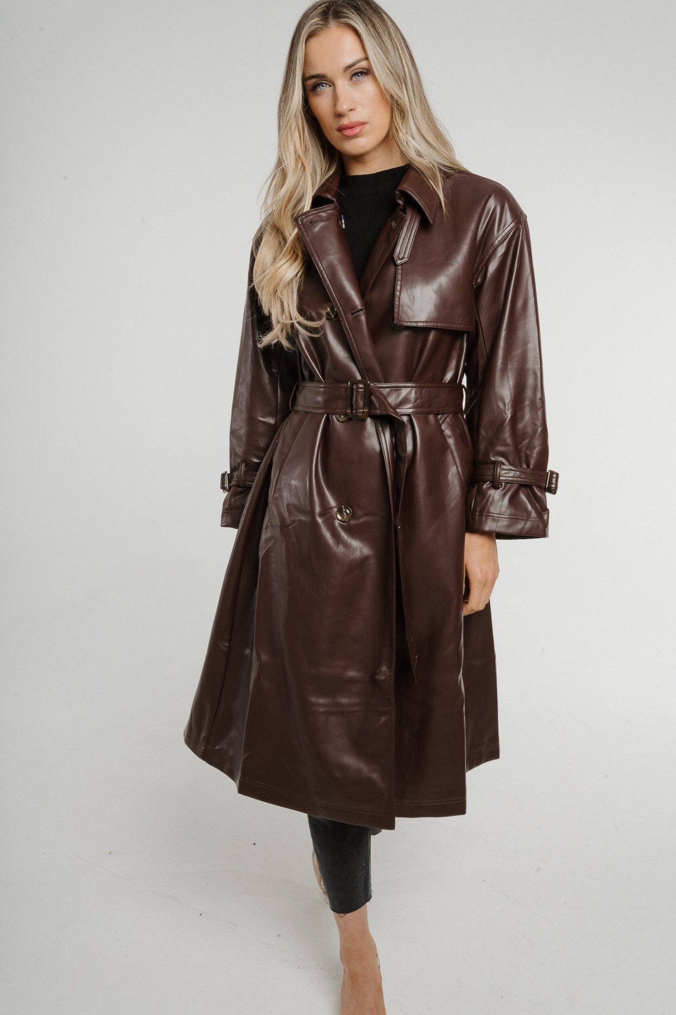 Jasmine Faux Leather Trench Coat In Chocolate The Walk in Wardrobe