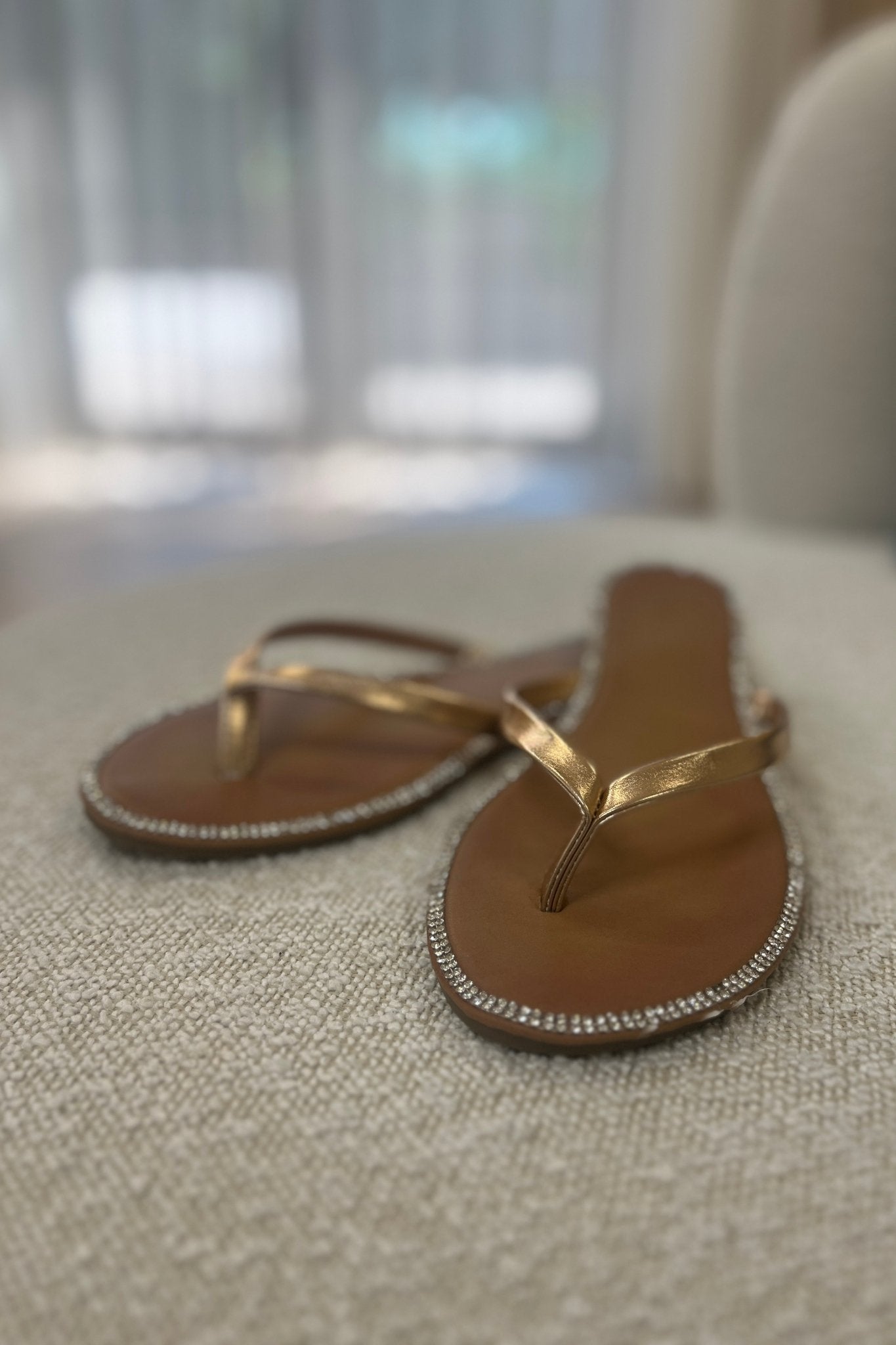 J crew store gold flip flops