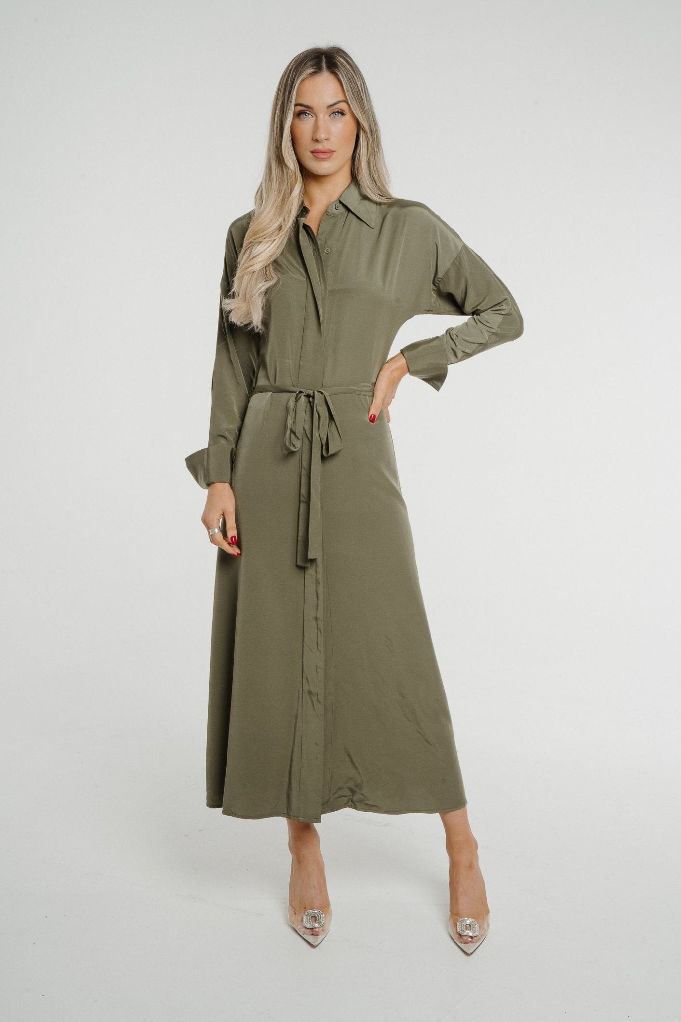 Kay Wrap Skirt Wooden Embellishment Dress Khaki