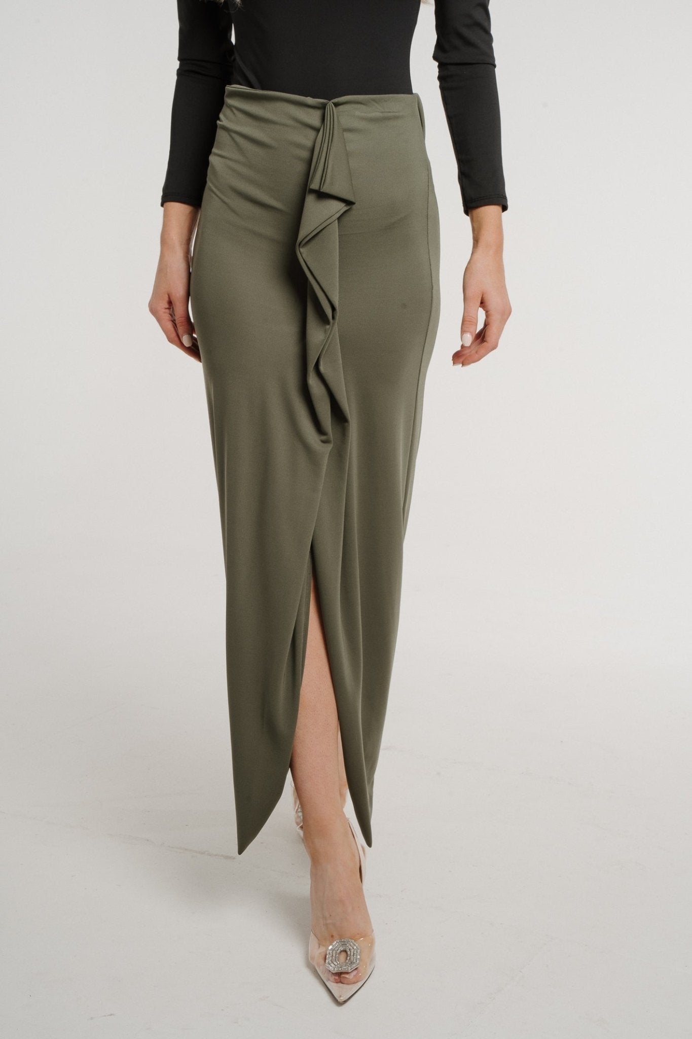 Pia Frill Side Midi Skirt In Khaki - The Walk in Wardrobe
