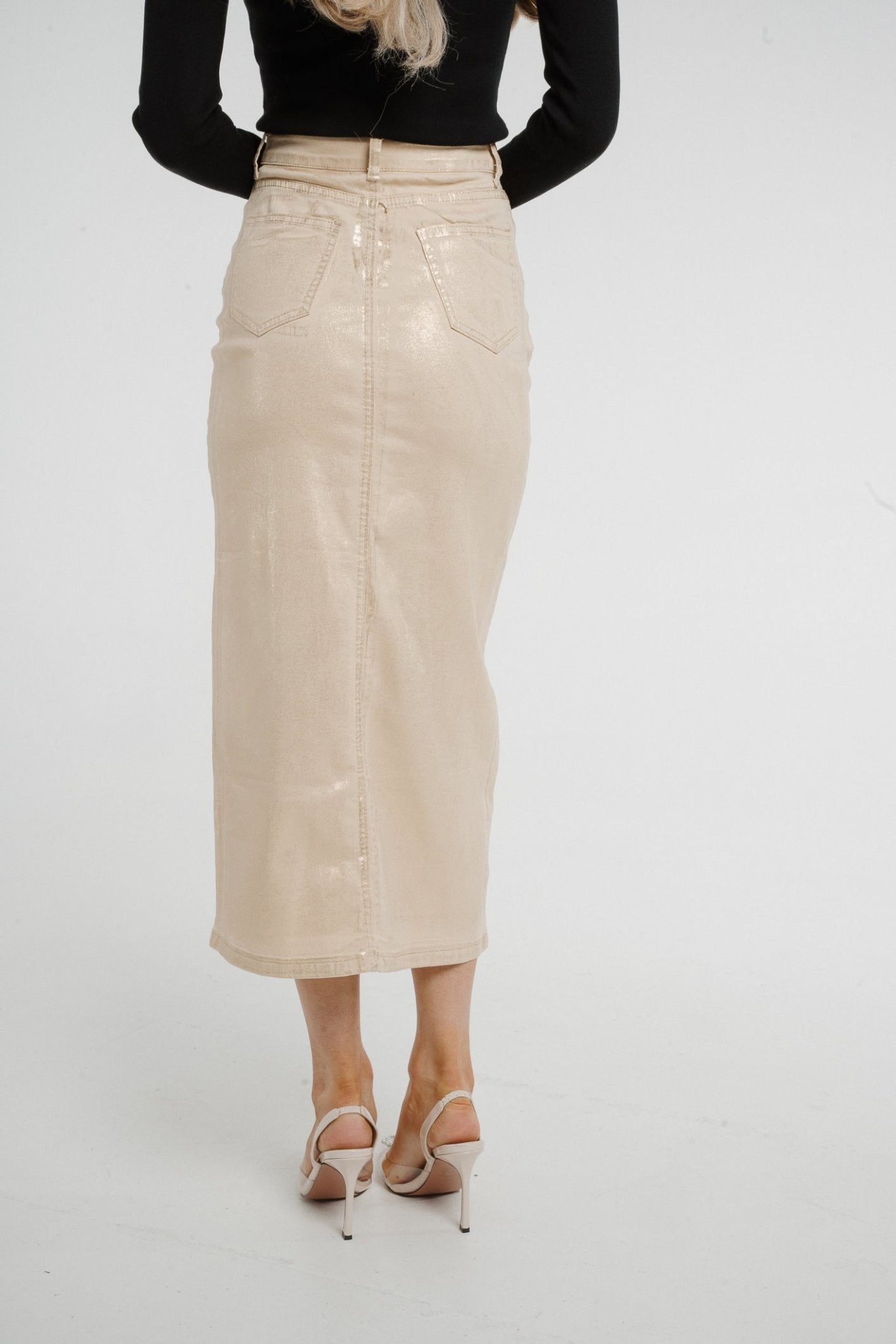 Polly Metallic Denim Skirt In Gold - The Walk in Wardrobe