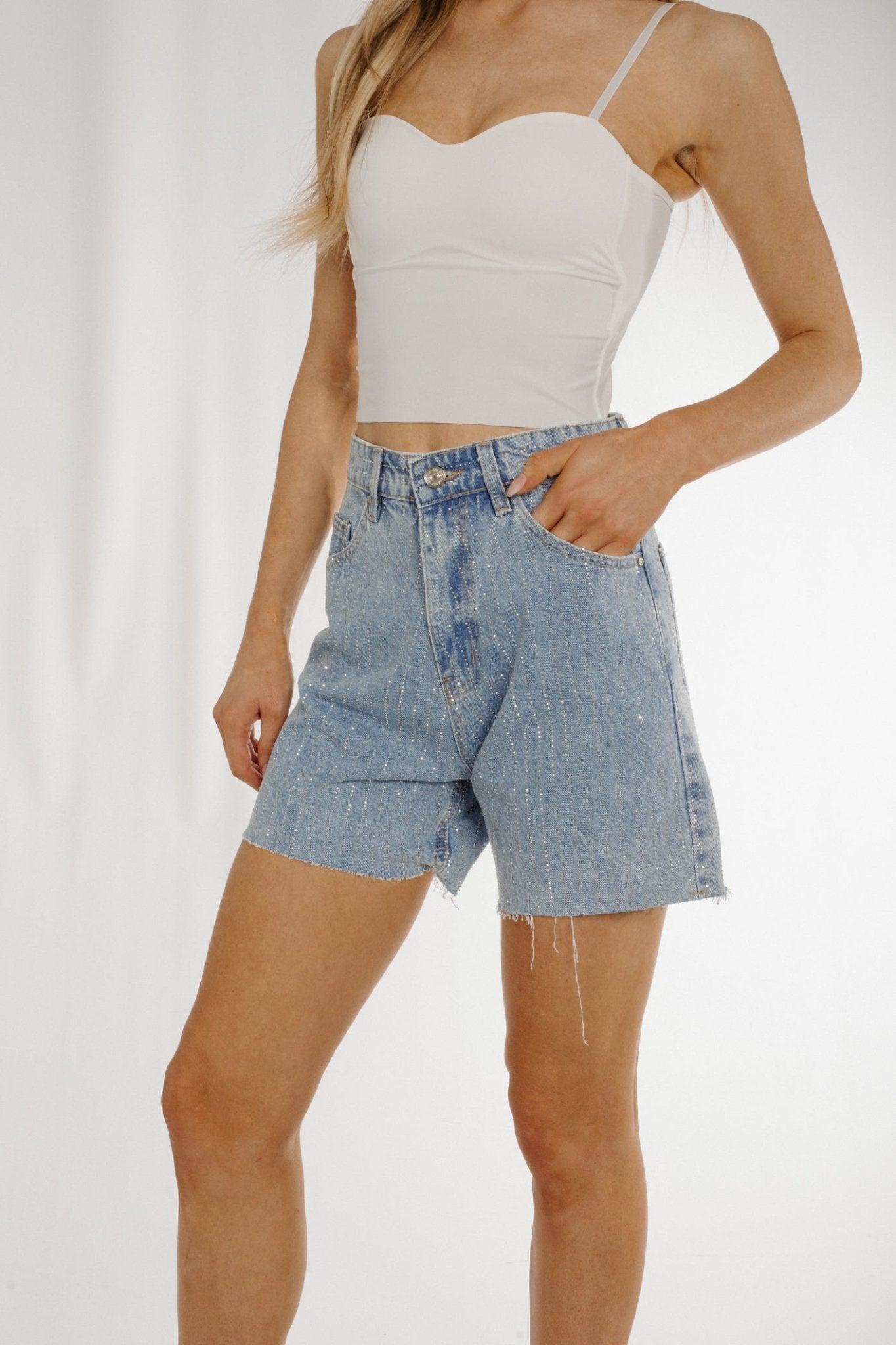 Summer Diamante Denim Shorts In Light Wash - The Walk in Wardrobe