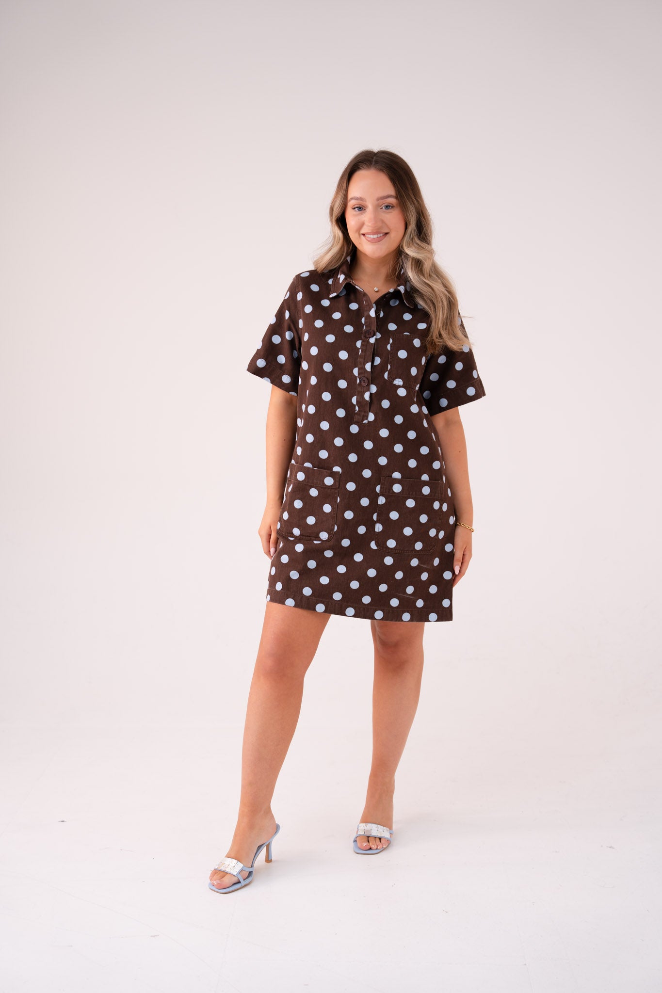 Kiera Spotted Denim T-Shirt Dress In Chocolate