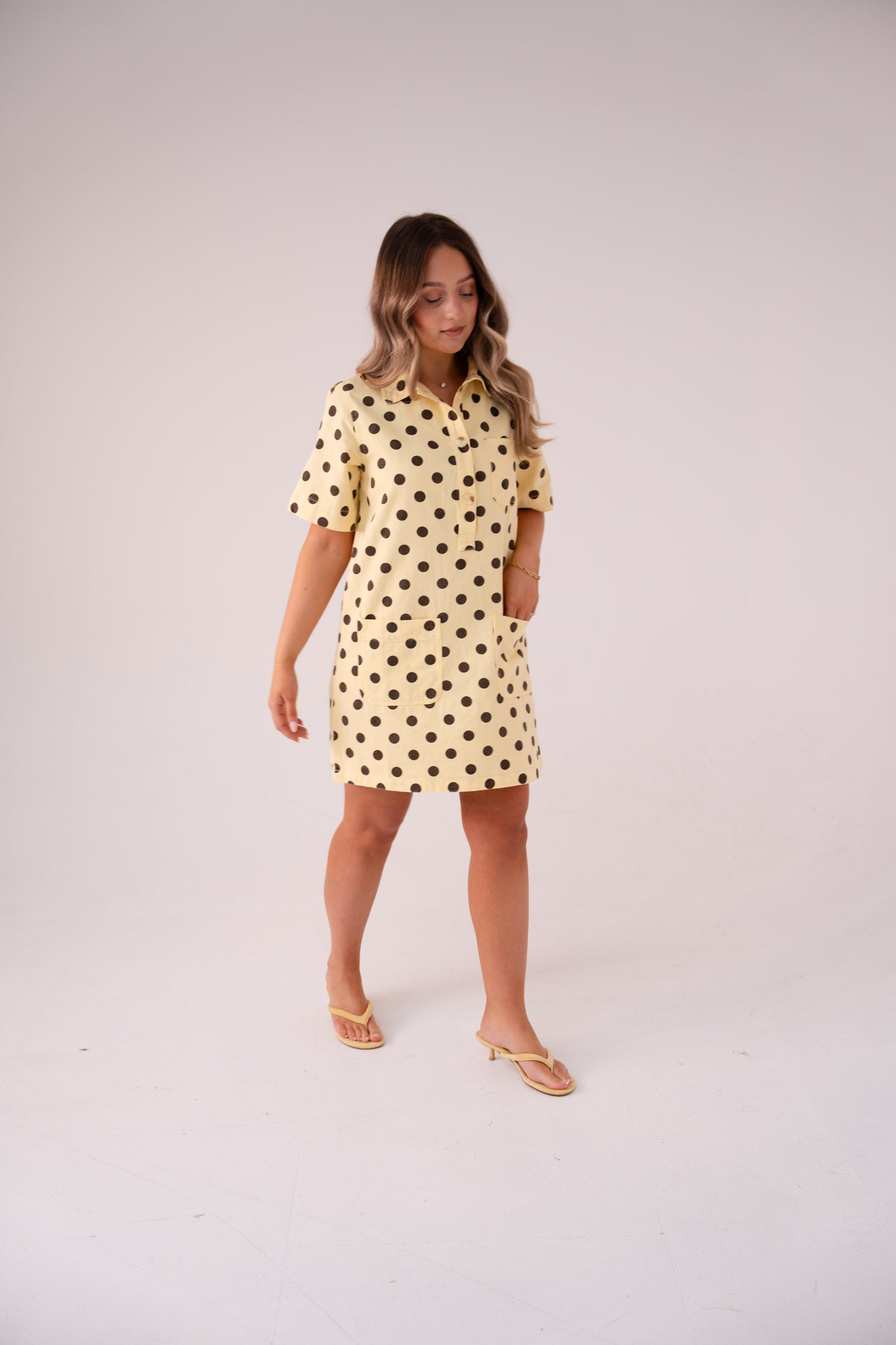 Kiera Spotted Denim T-Shirt Dress In Yellow