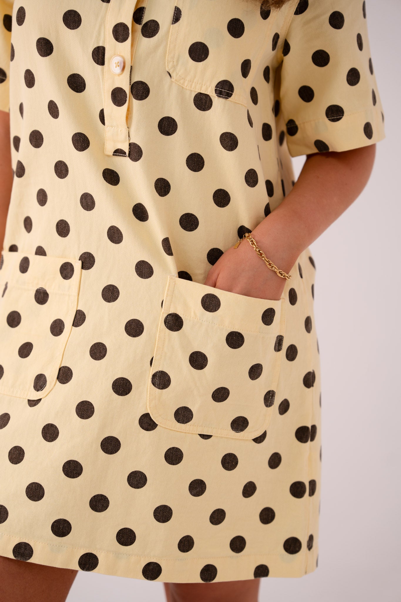 Kiera Spotted Denim T-Shirt Dress In Yellow
