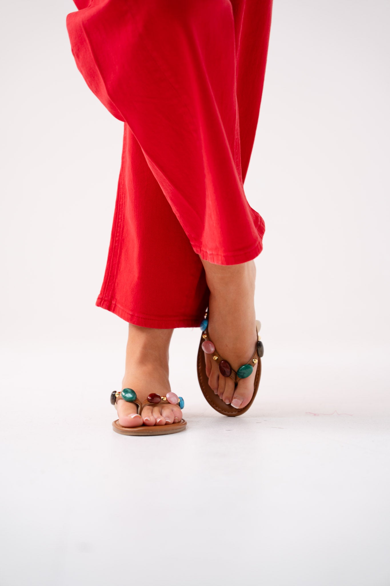 Cathy Beaded Flip Flop In Camel Multi