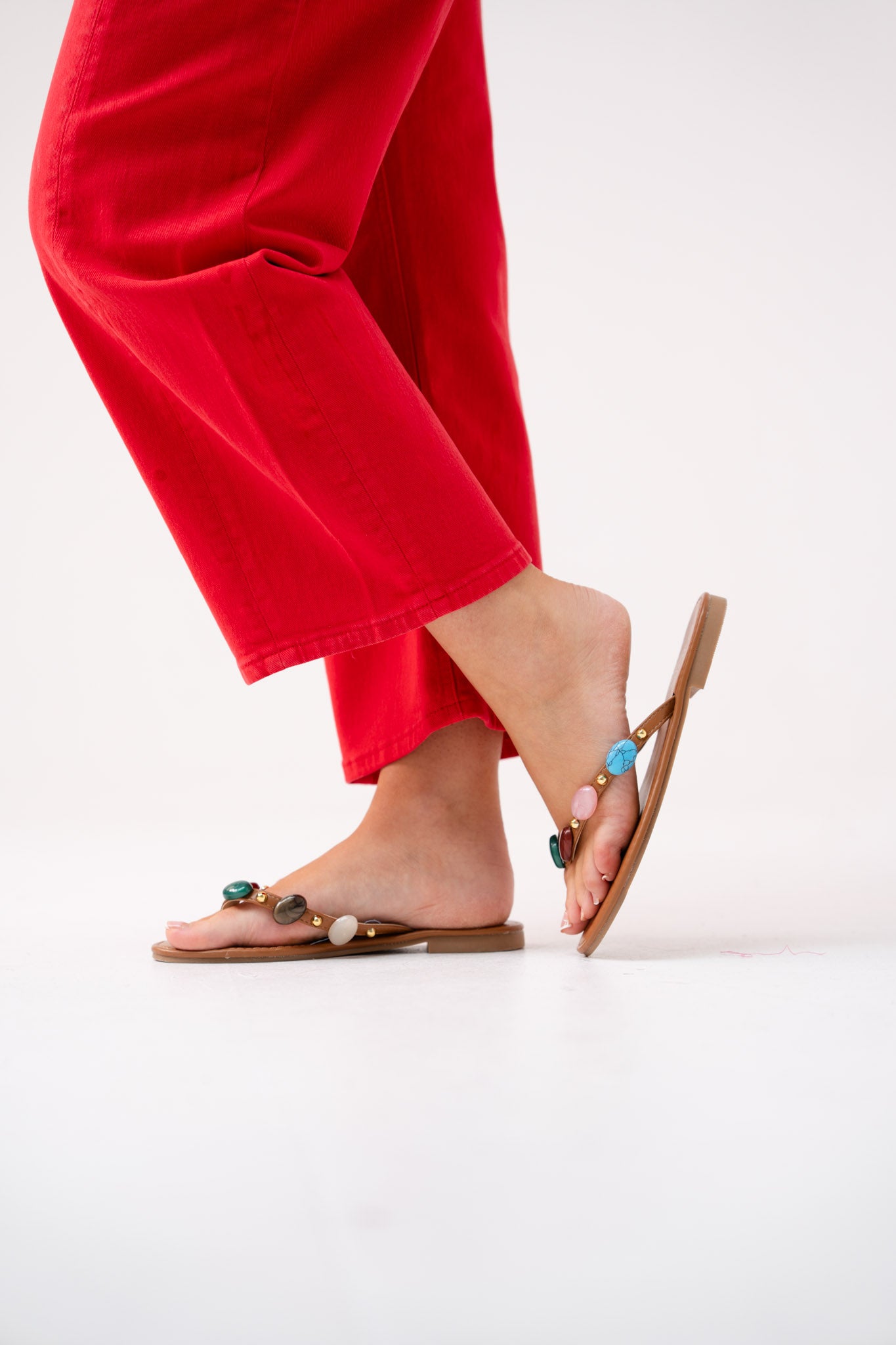 Cathy Beaded Flip Flop In Camel Multi