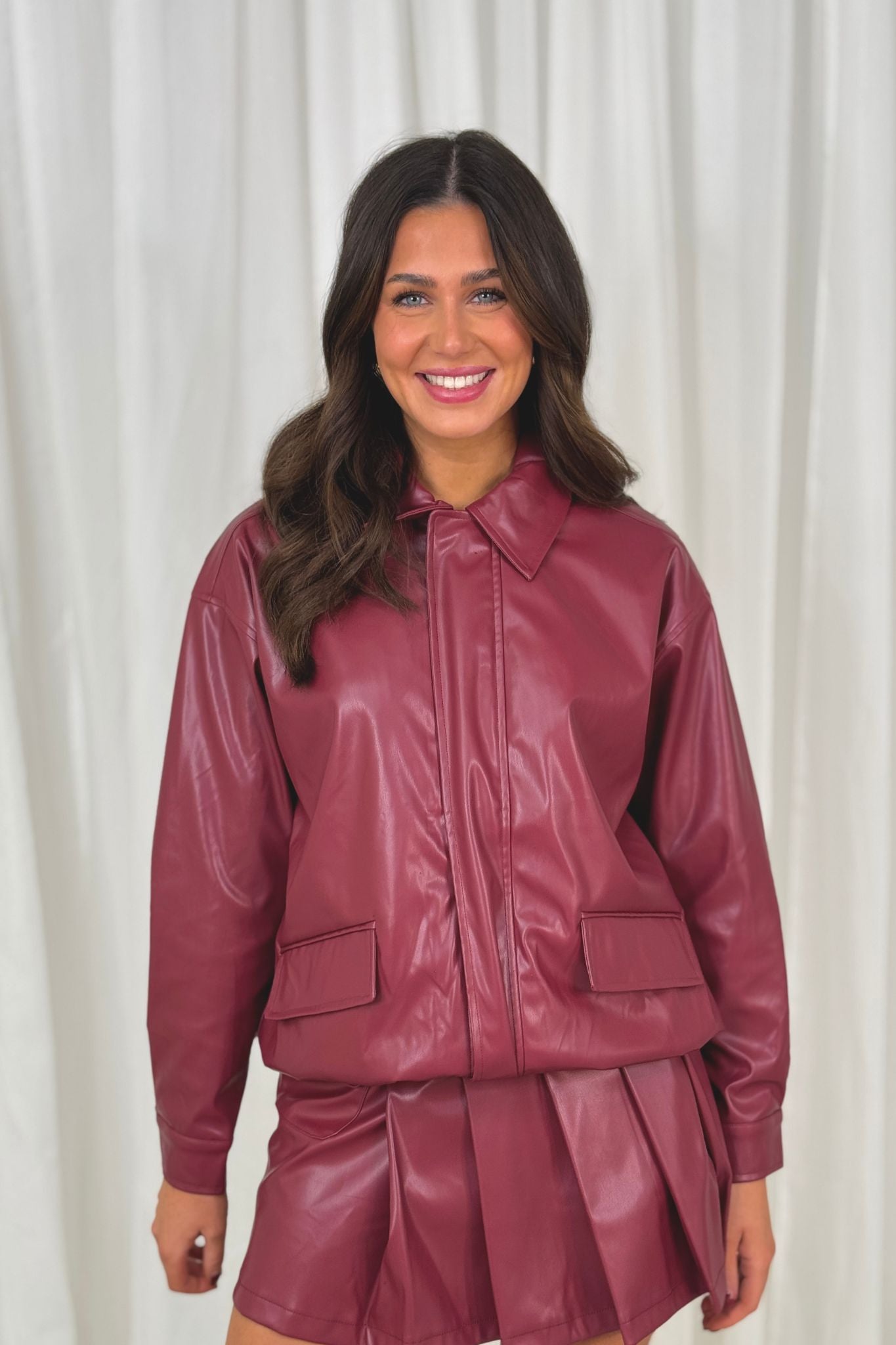 Erica Faux Leather Jacket In Burgundy