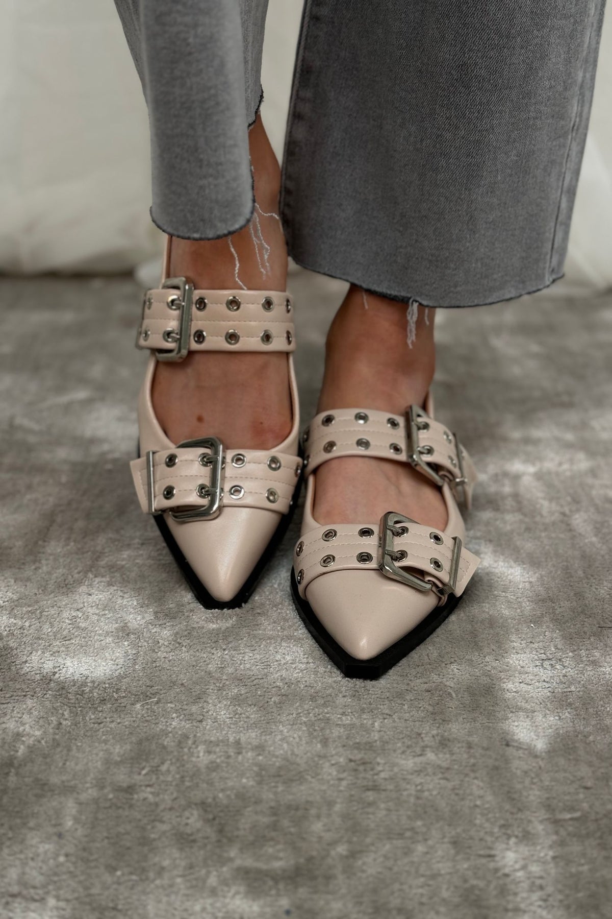 Cathy Pointed Toe Buckle Flats In Neutral