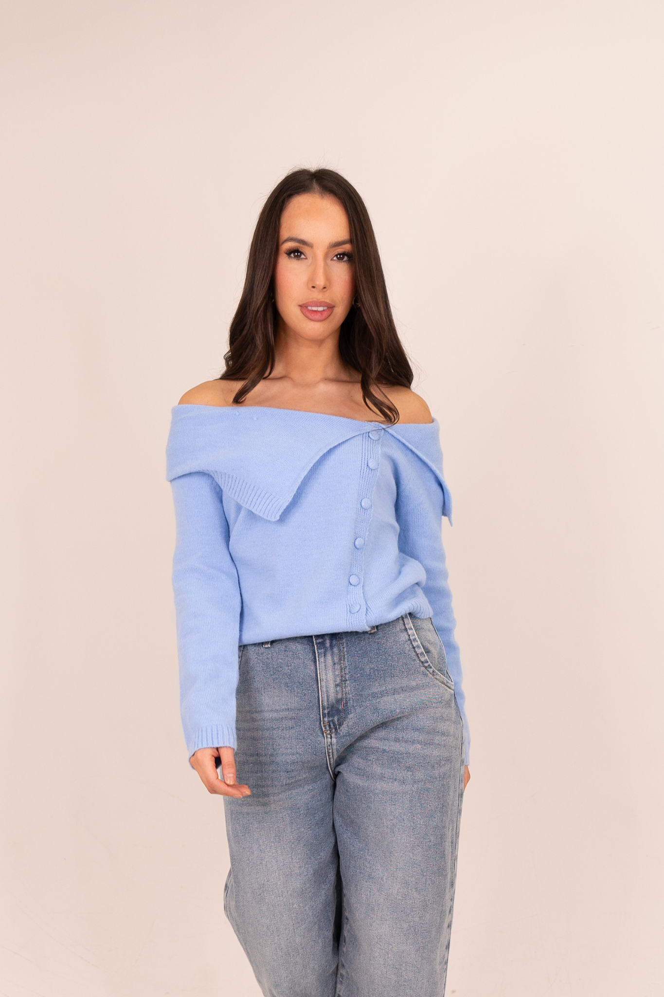 Kiera Asymmetric Bardot Jumper In Sky Blue