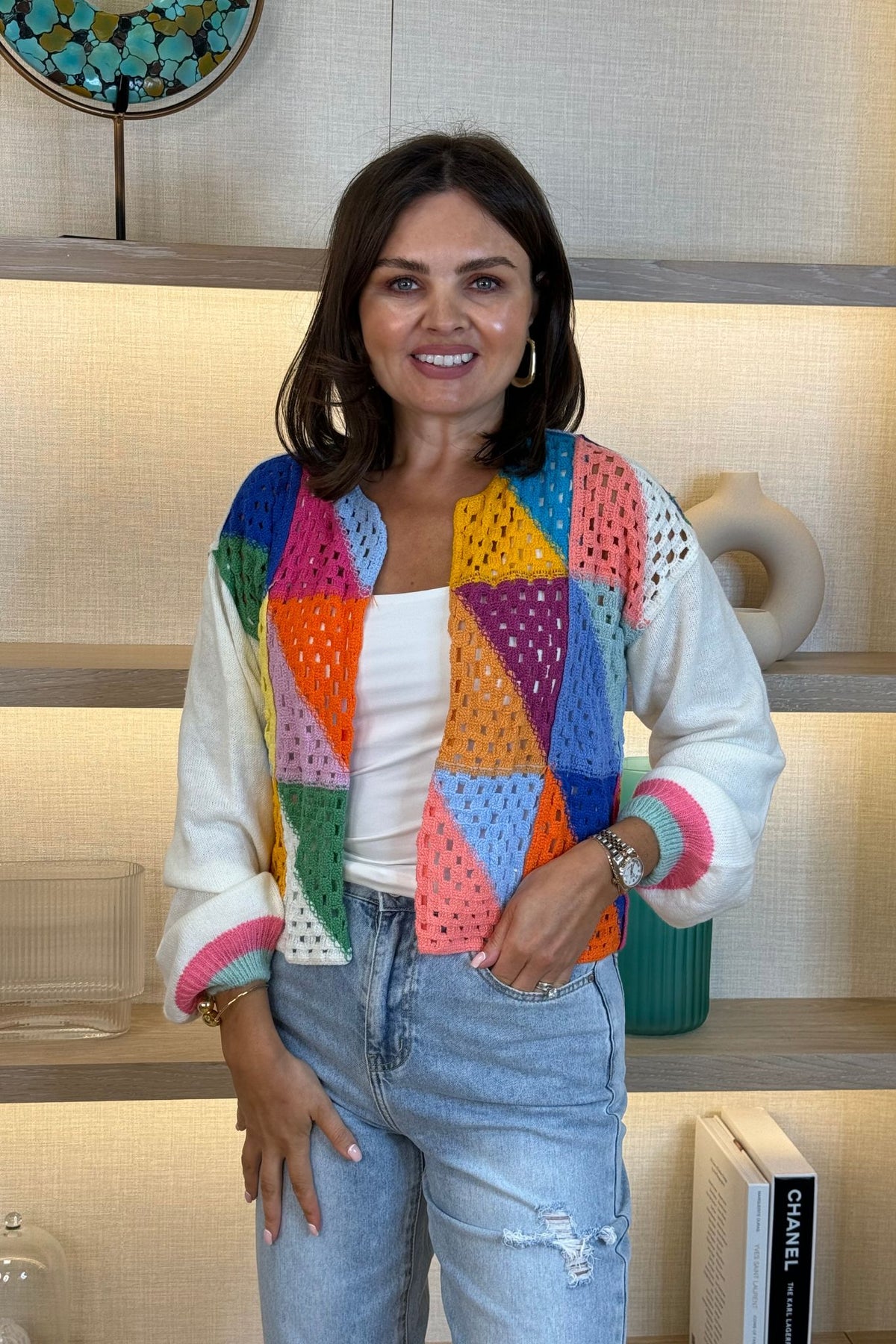 Lynne Crochet Front Cardigan In Multi