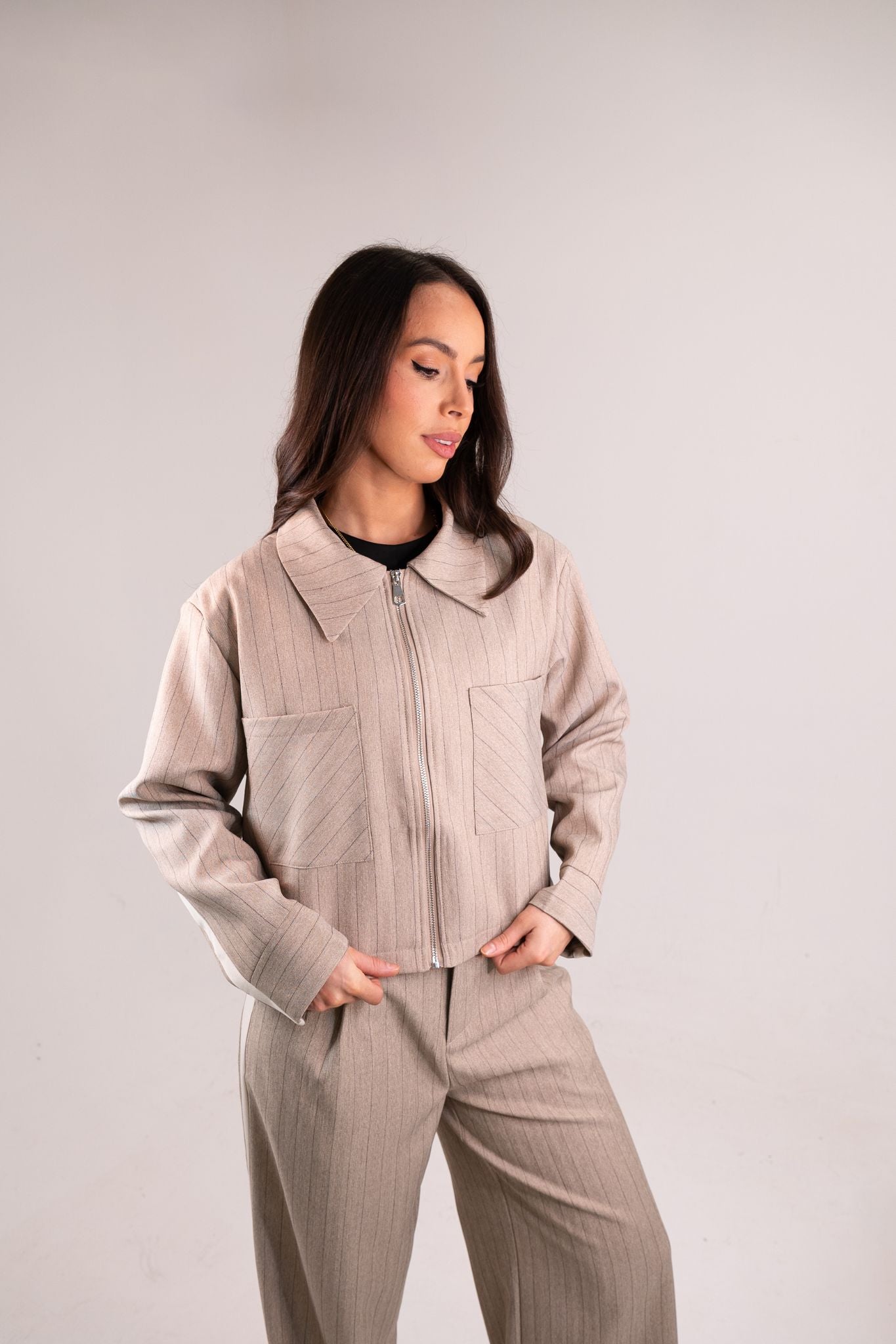 Kiera Zip Pinstripe Jacket In Taupe