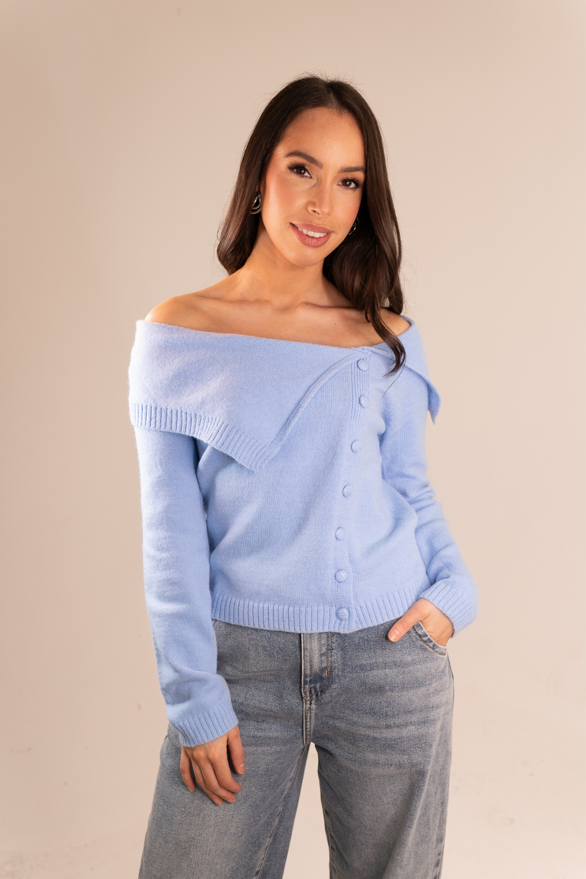 Kiera Asymmetric Bardot Jumper In Sky Blue