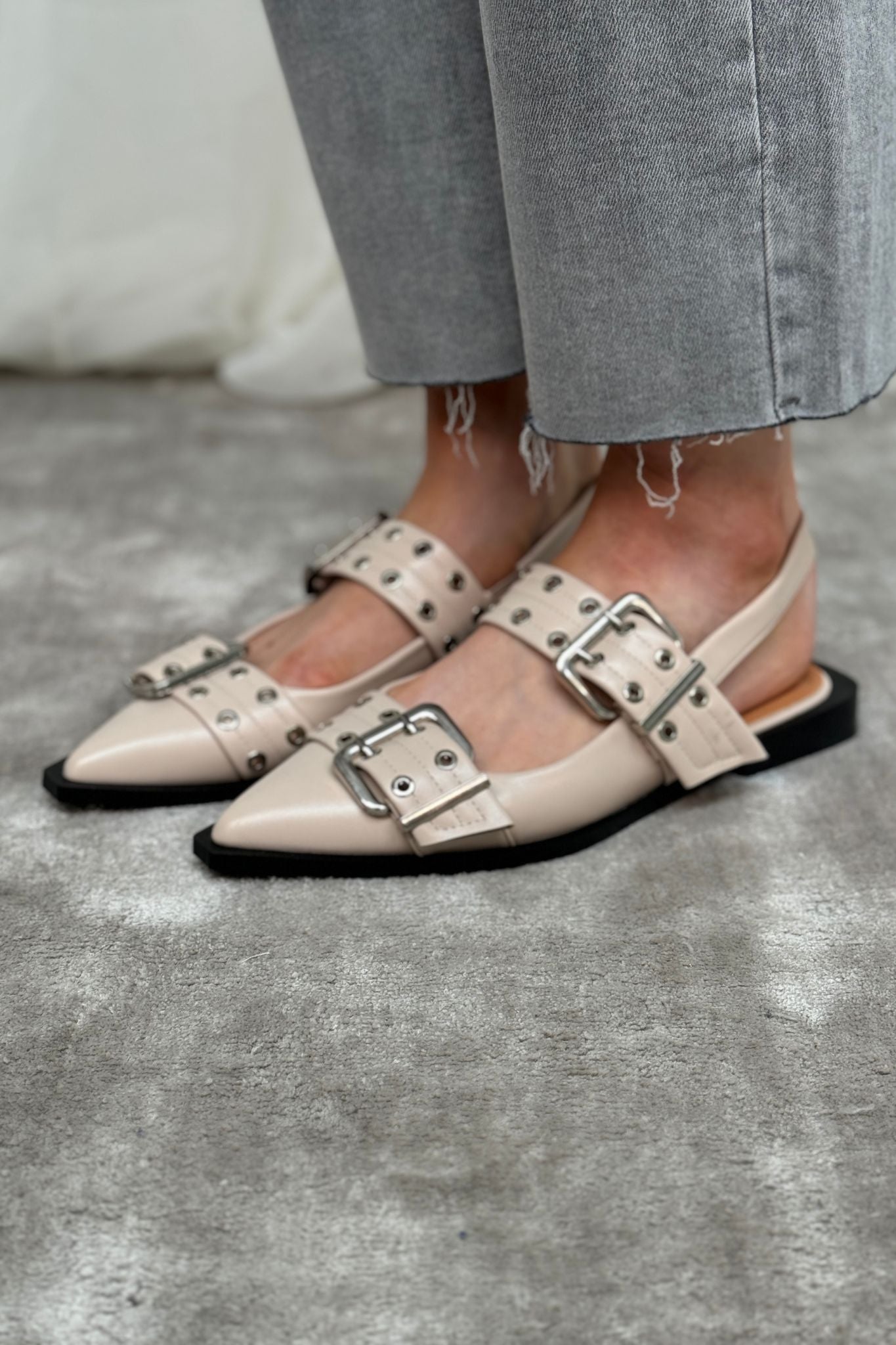 Cathy Pointed Toe Buckle Flats In Neutral