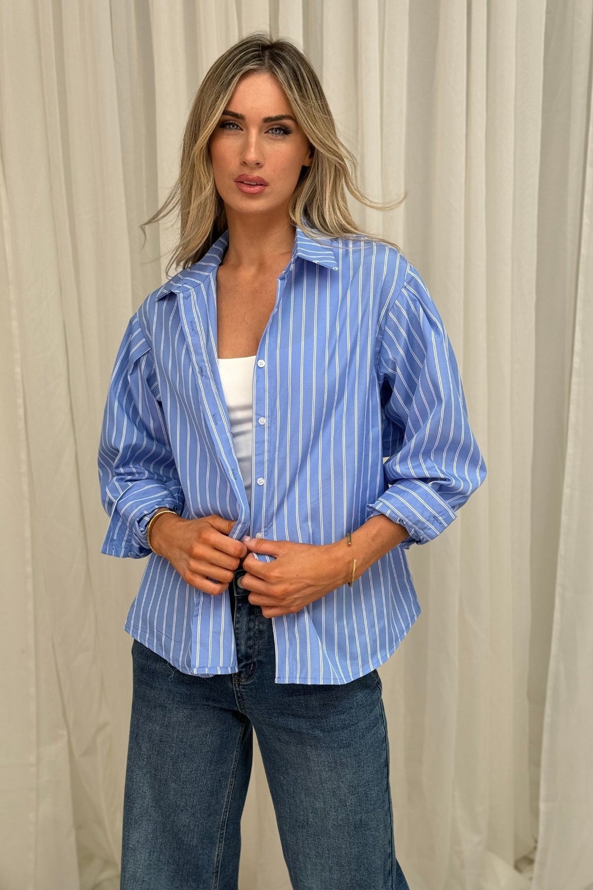 Elsa Tie Back Shirt In Blue Stripe