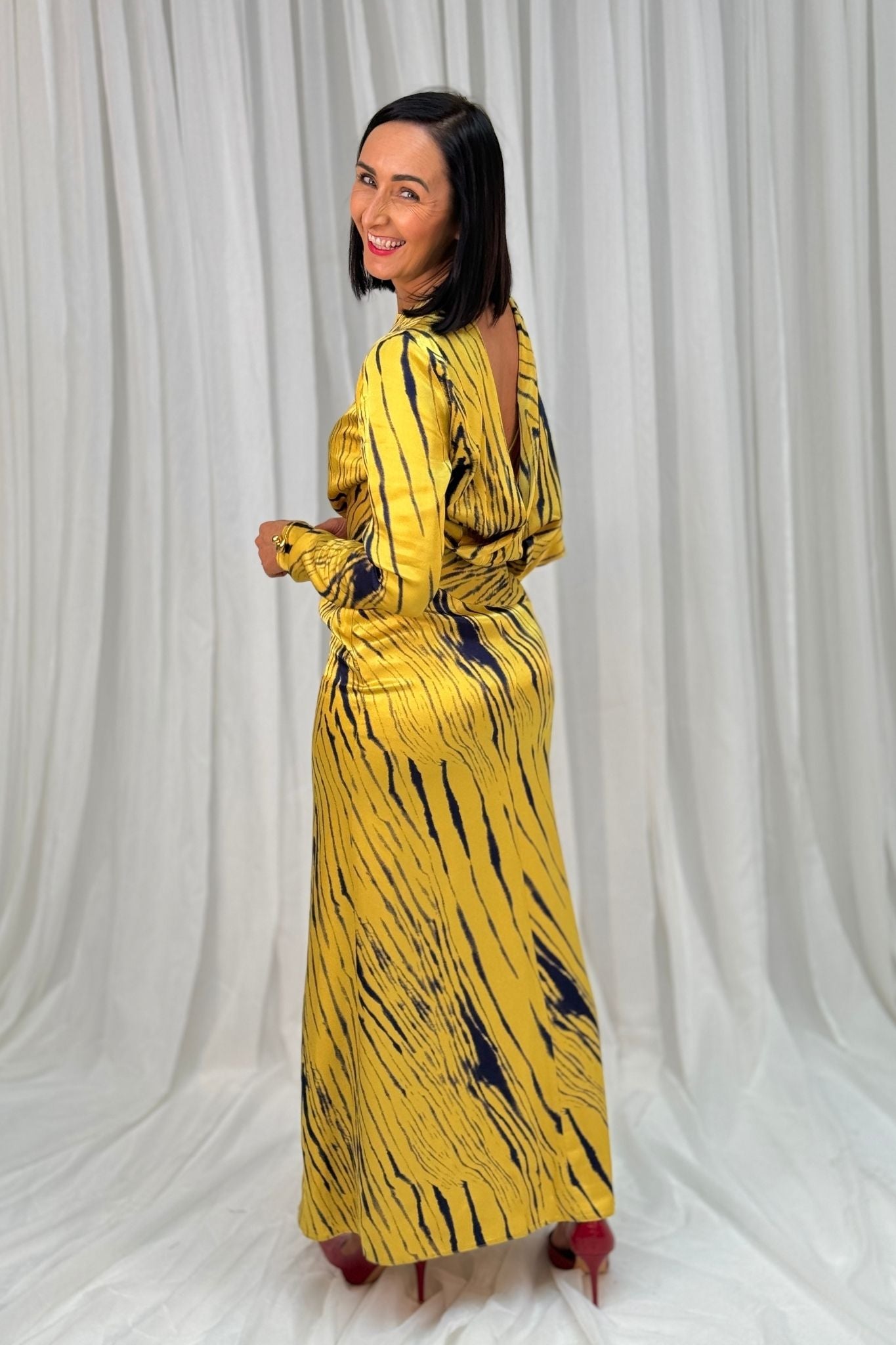 Kayla Printed Wrap Dress In Mustard