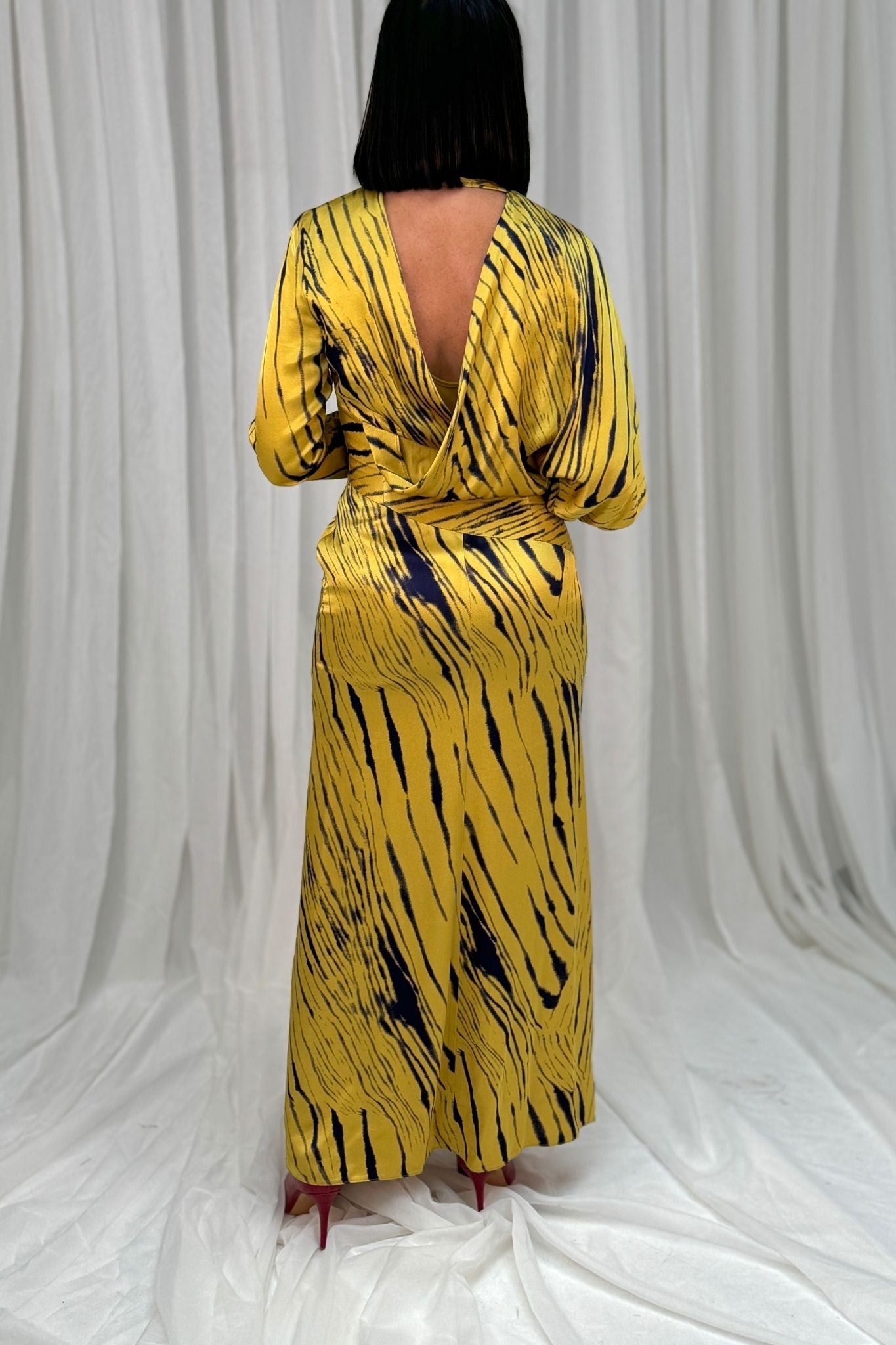 Kayla Printed Wrap Dress In Mustard