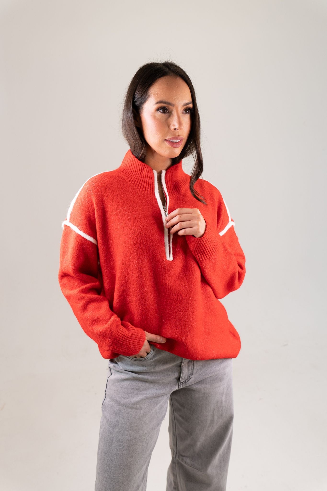 Kendra Piped Half Zip Jumper In Red