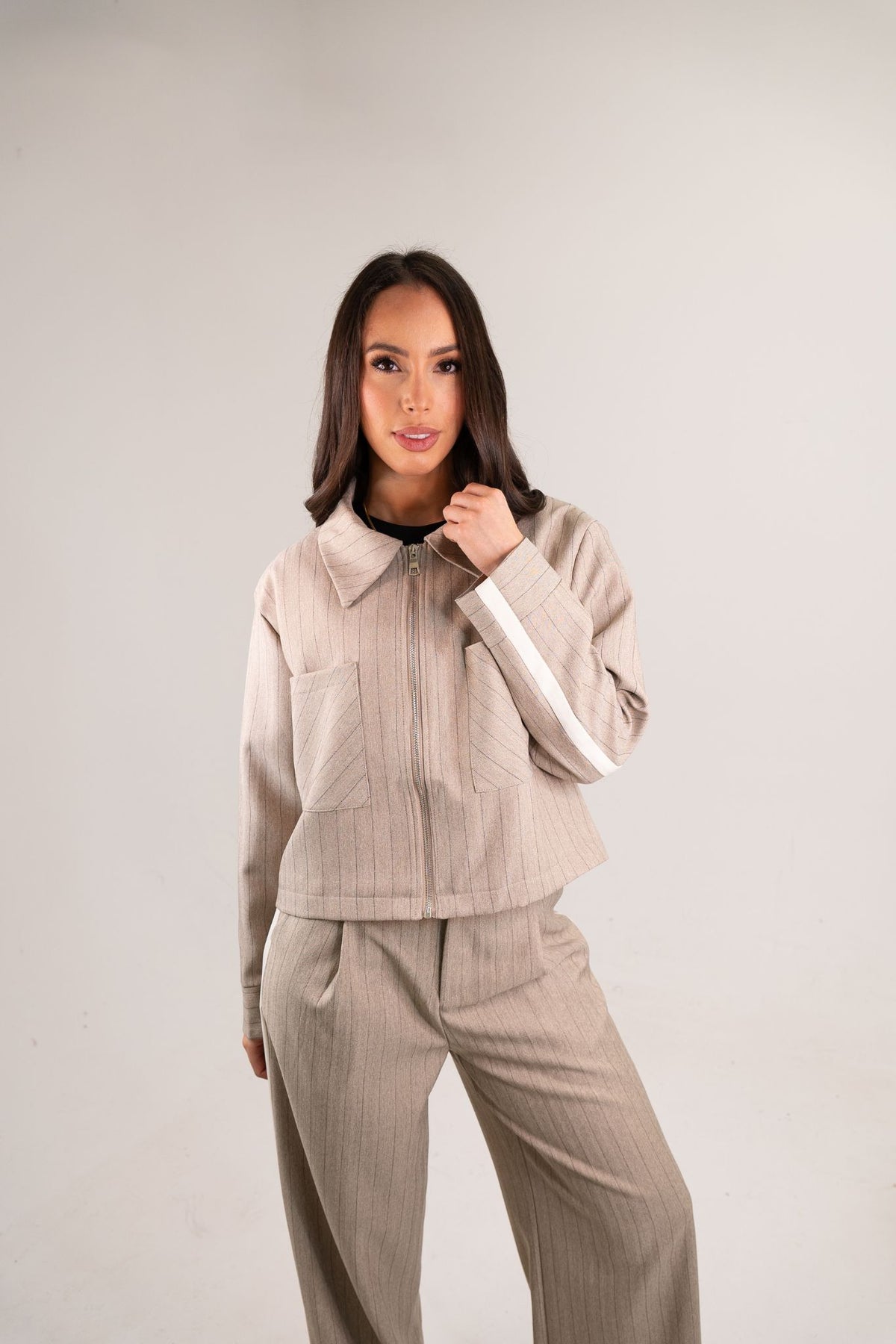 Kiera Zip Pinstripe Jacket In Taupe