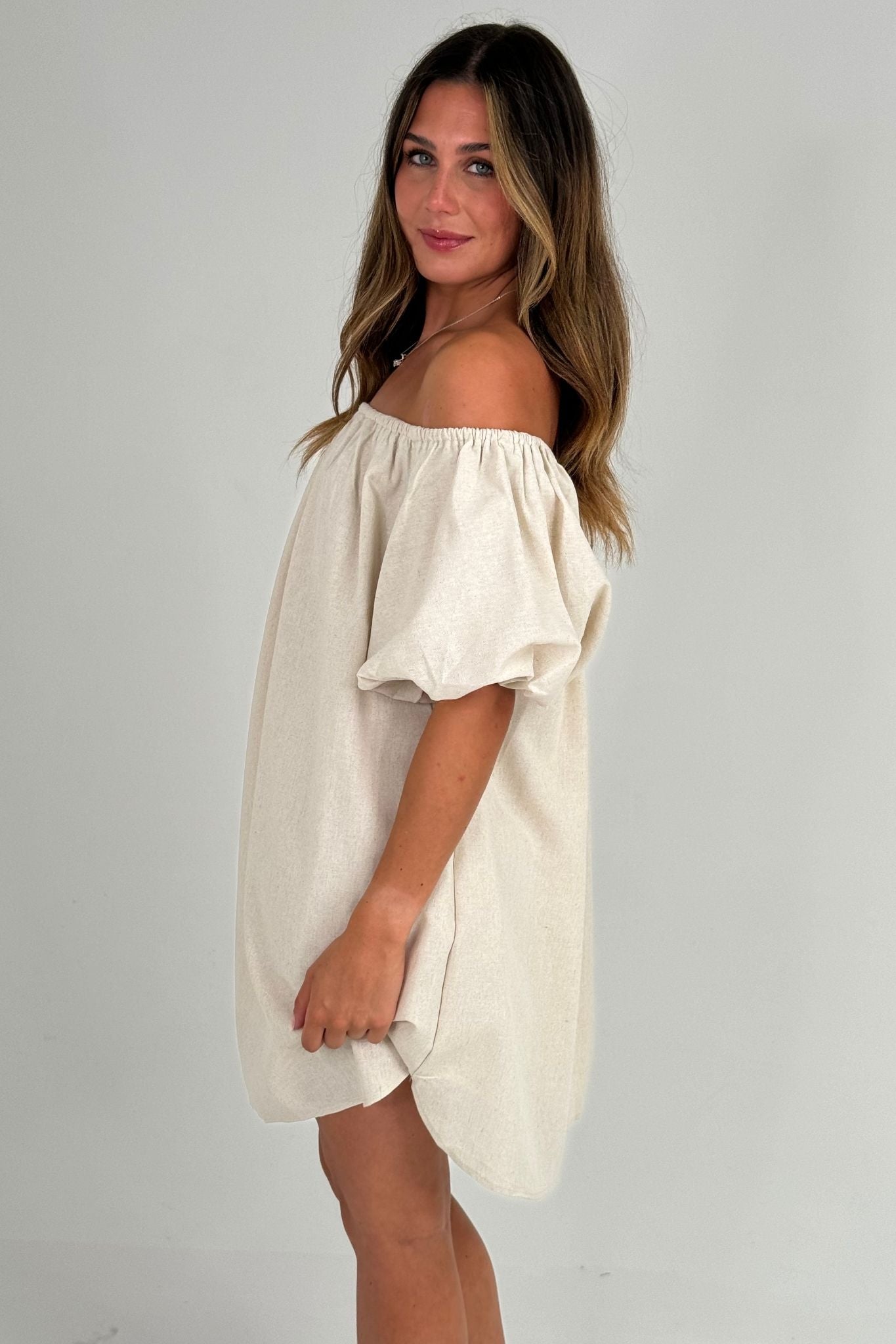 Caitlyn Puff Sleeve Bardot Dress In Neutral