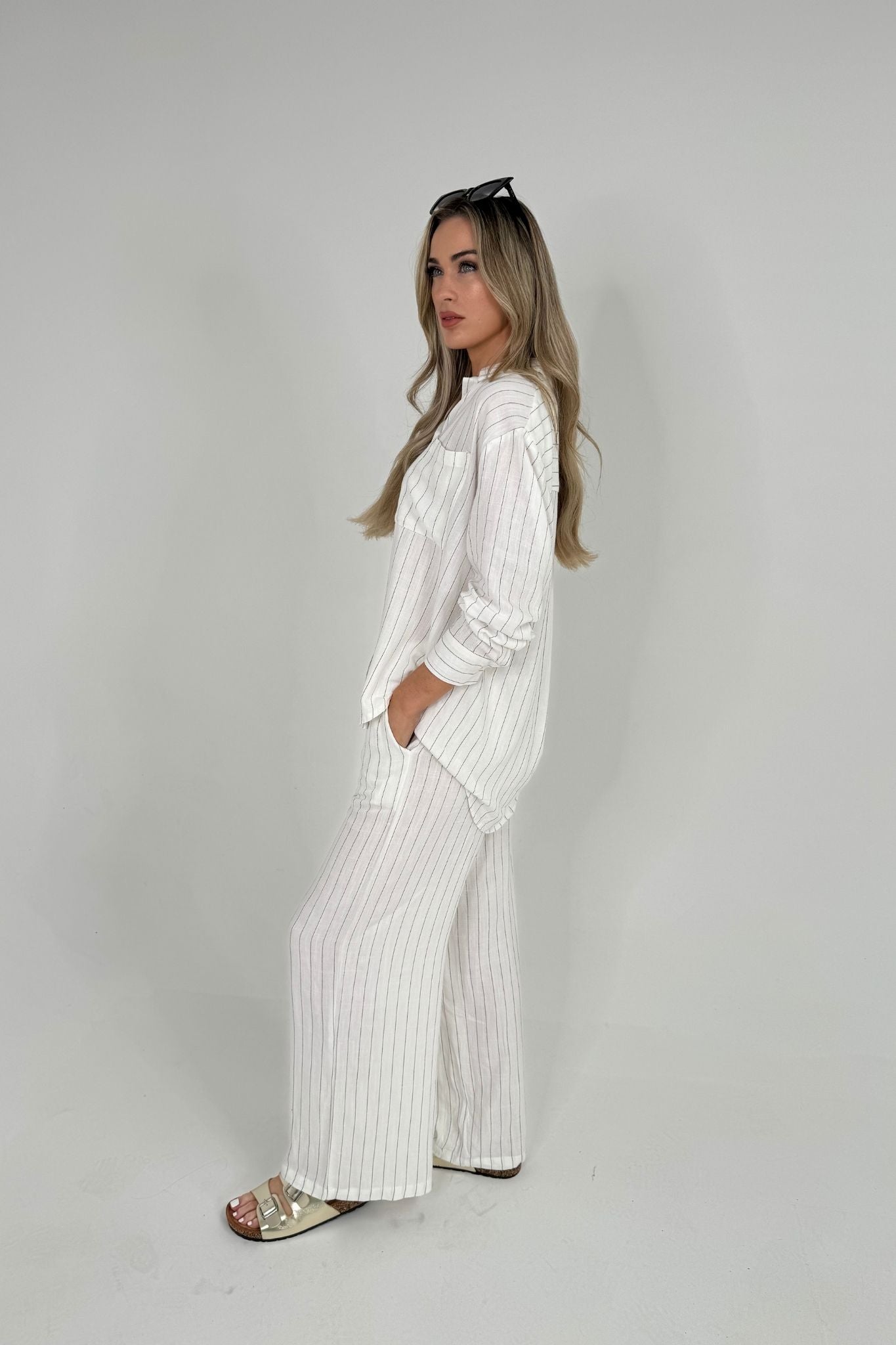 Elsa Linen Mix Stripe Trousers In White