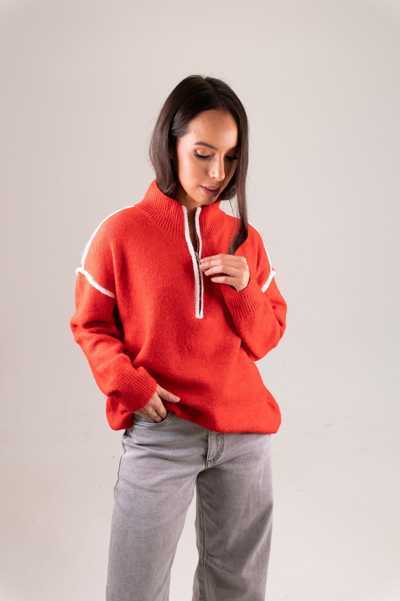 Kendra Piped Half Zip Jumper In Red