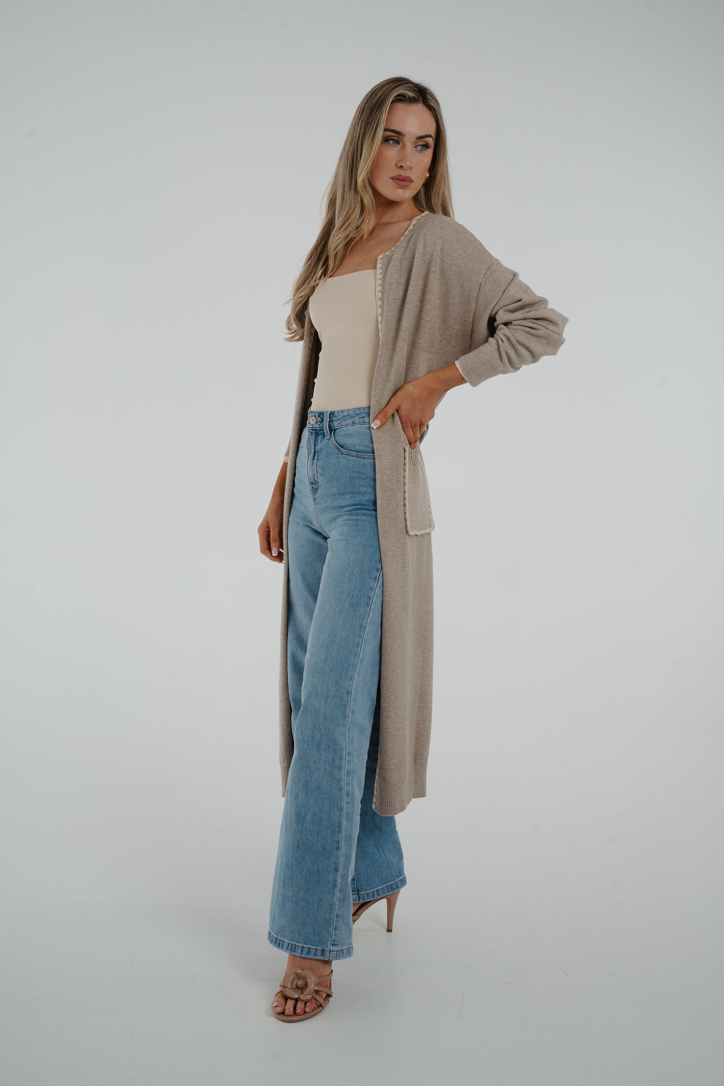 Lottie Embroidered Trim Cardigan In Oatmeal