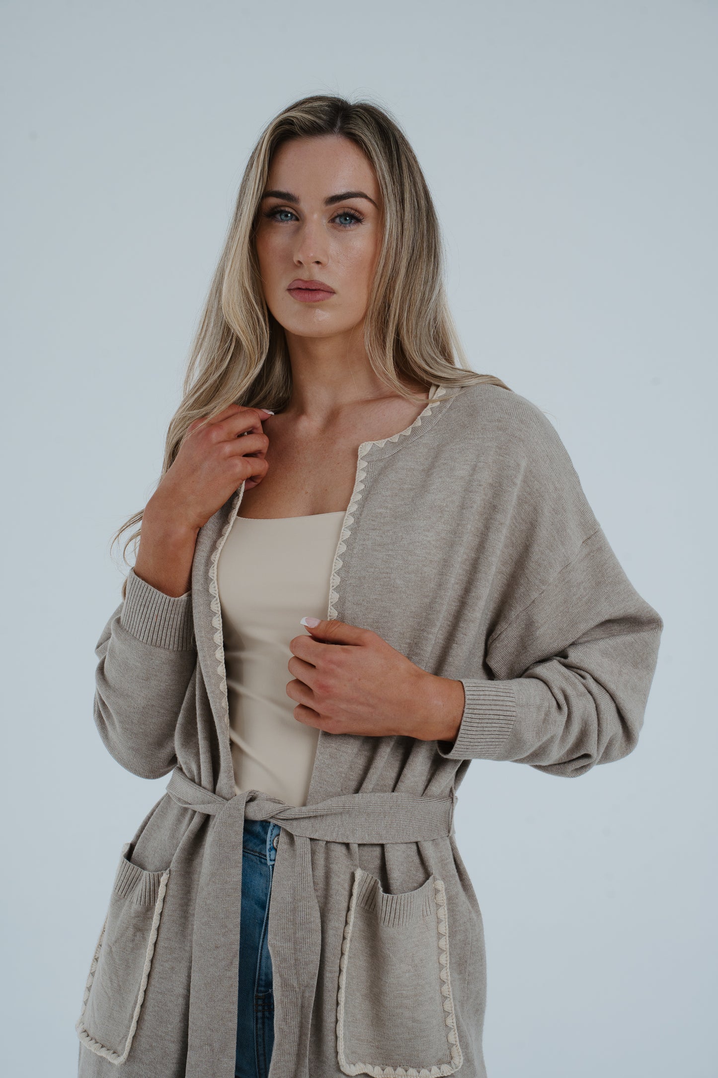 Lottie Embroidered Trim Cardigan In Oatmeal